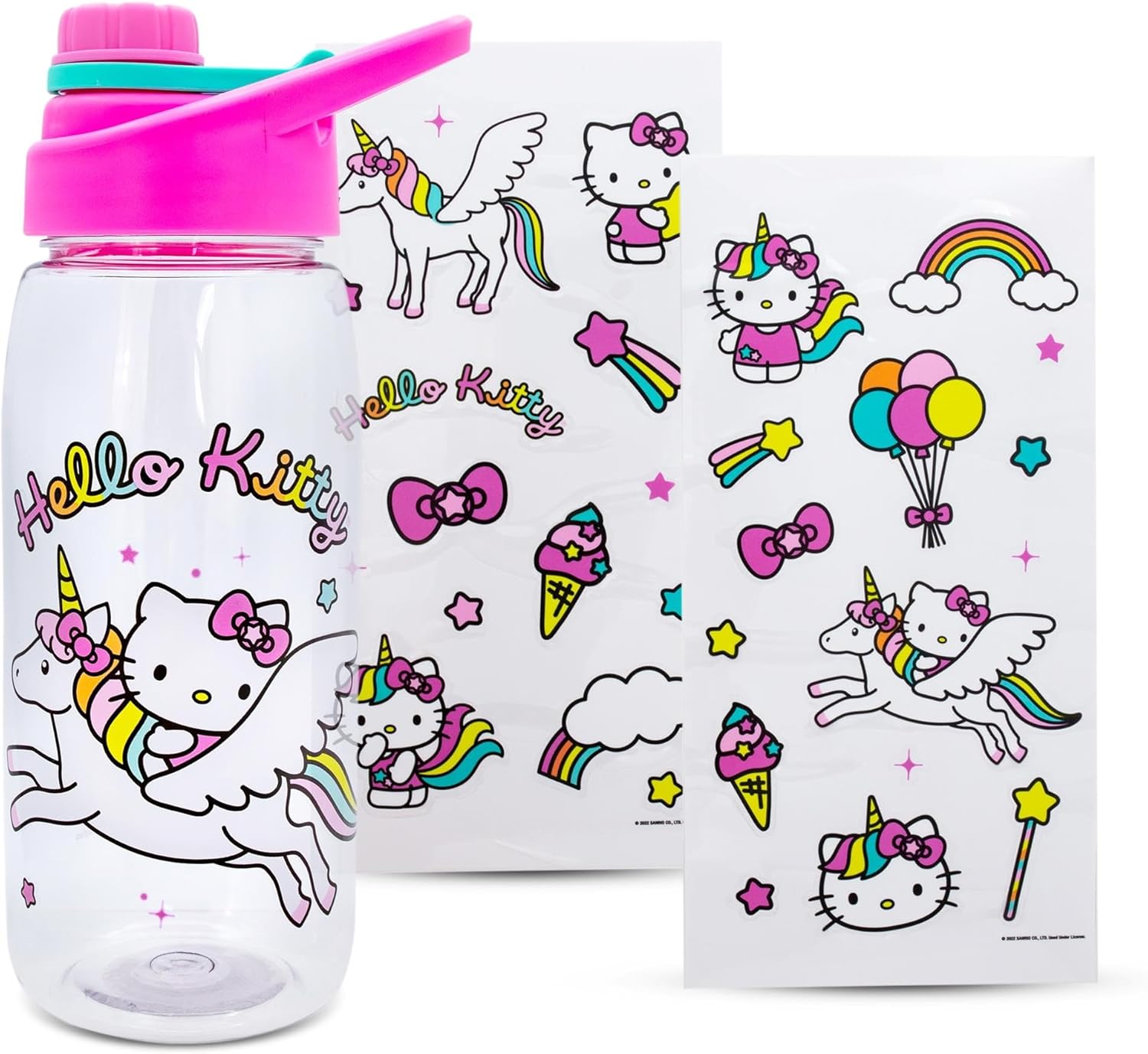 Sanrio Hello Kitty Unicorn Twist Spout – Juego de jarra de agua de plástico y calcomanías para personalizar  Capacidad para 20 onzas