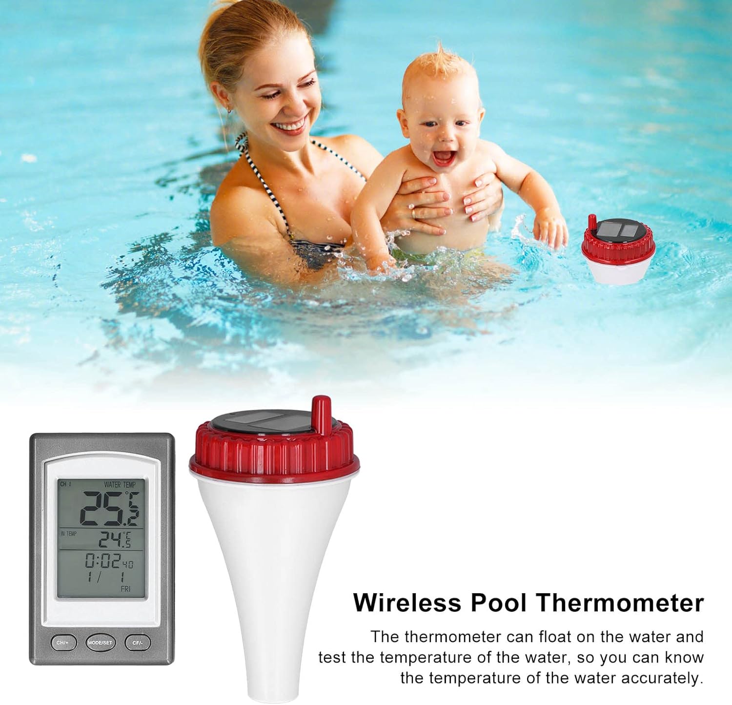 Termómetro inalámbrico para piscina, termómetro flotante para piscina y spa con alarma de temperatura, medidor digital remoto de temperatura del
