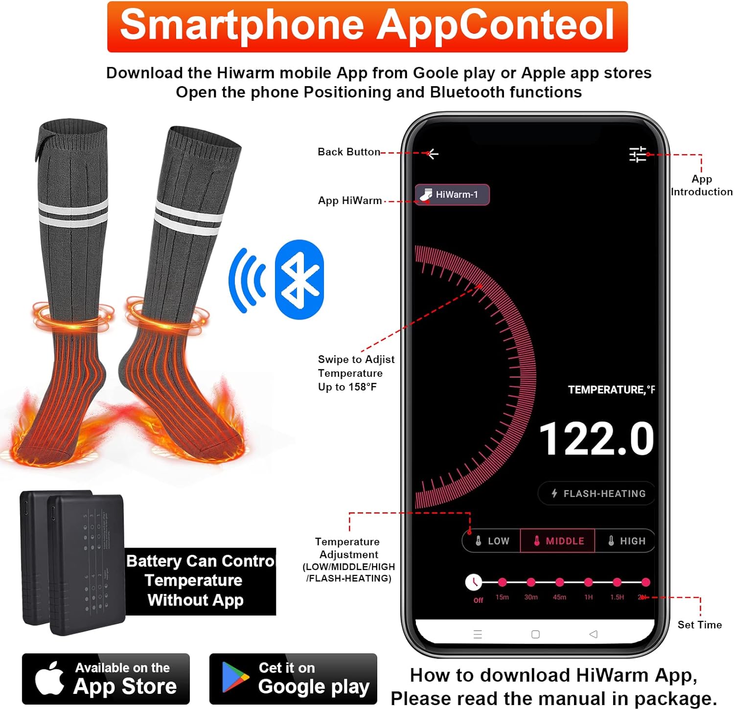 Omobolanle Heated Socks for Men Women with 5000mAh Rechargeable Battery, Fashion Thermal Socks APP Remote Control Electric Extra Thick Winter
