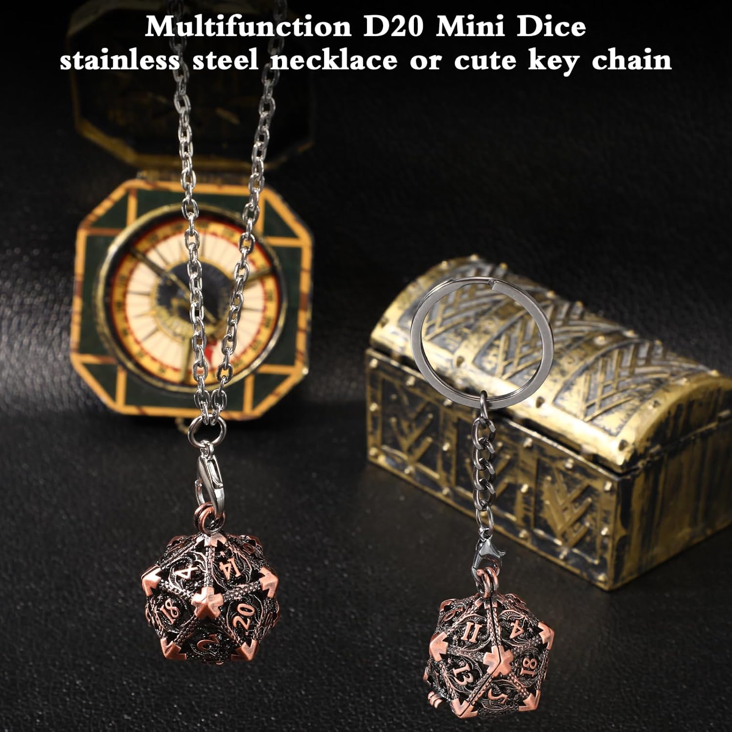 Syhood Juego de dados pequeños, 7 piezas de dados pequeños de metal, collar hueco D20, estuche de dados, llavero, juegos de mesa para juegos de rol,
