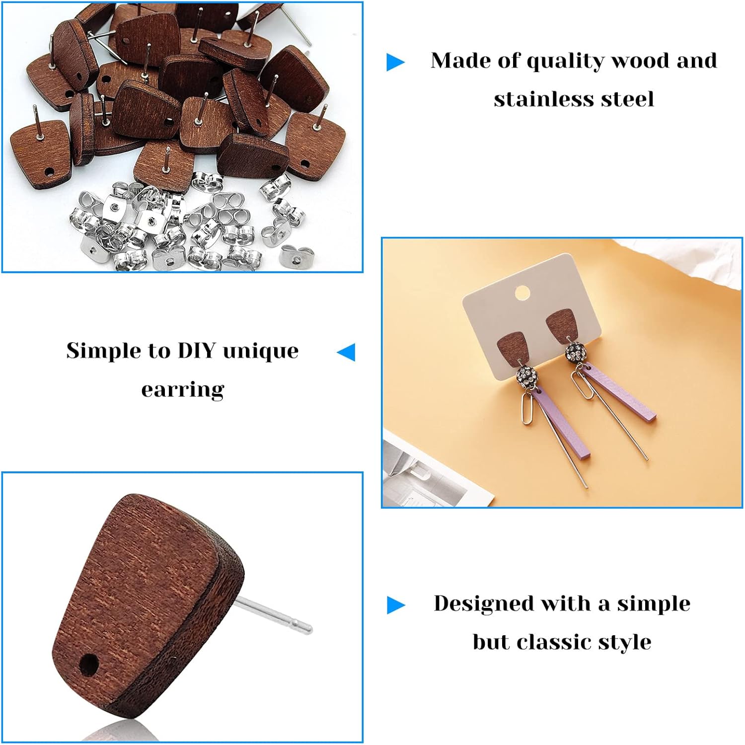 100 aretes de madera para hacer joyas, de madera de nogal, aretes de madera de nogal, hallazgos, aretes con bucle, trapezoidales, aretes de madera