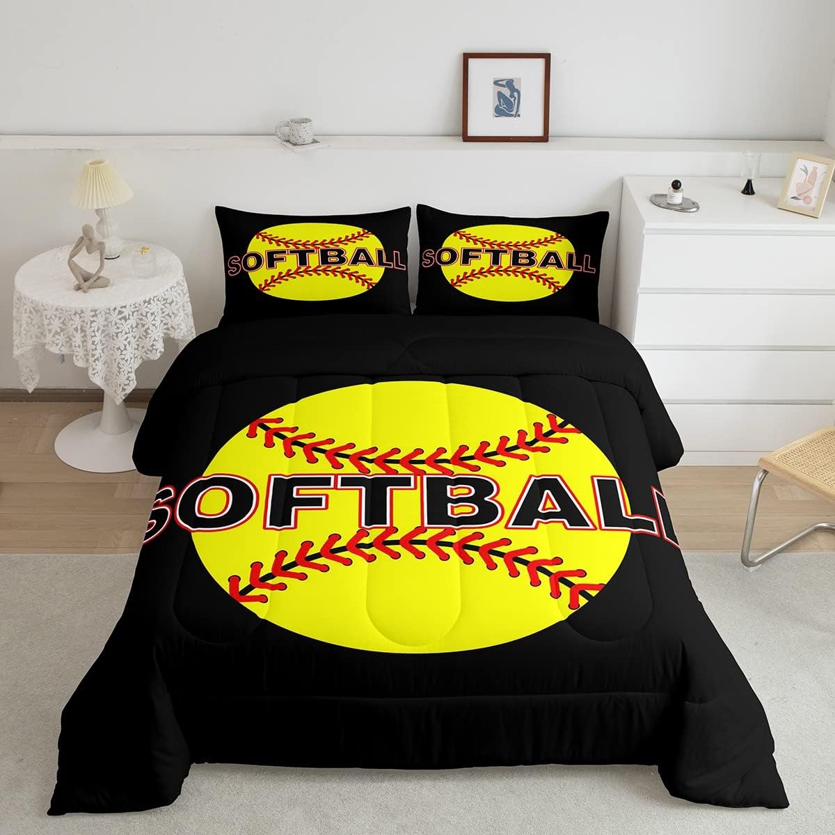 Erosebridal Juego de ropa de cama de béisbol para niños y niñas, edredón de sóftbol matrimonial, edredón amarillo de plumón de sóftbol para