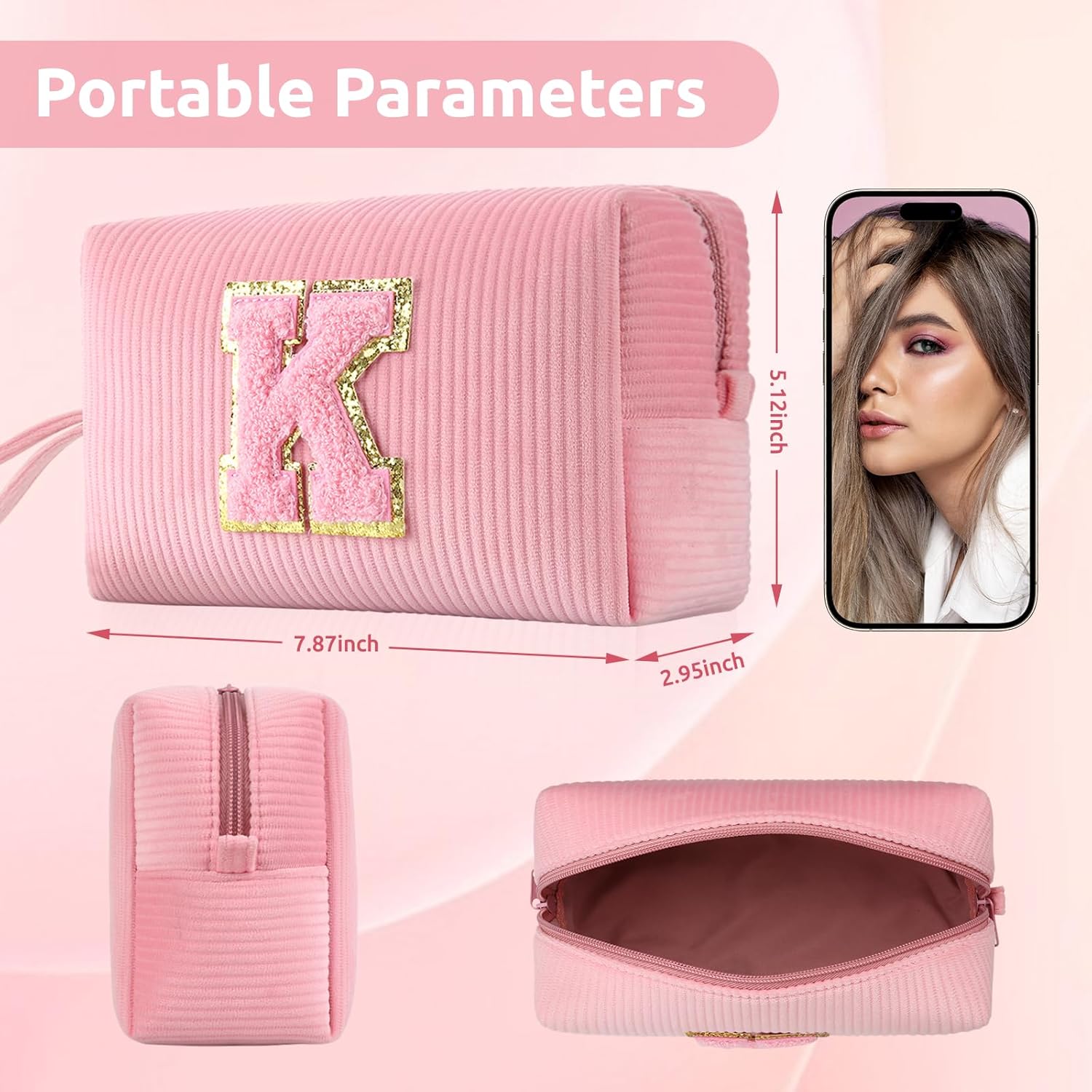 Bolsa de cosméticos pequeña para cosméticos, organizador de bolsas de maquillaje de pana rosa, bonitos regalos personalizados para mujeres, bolsa de