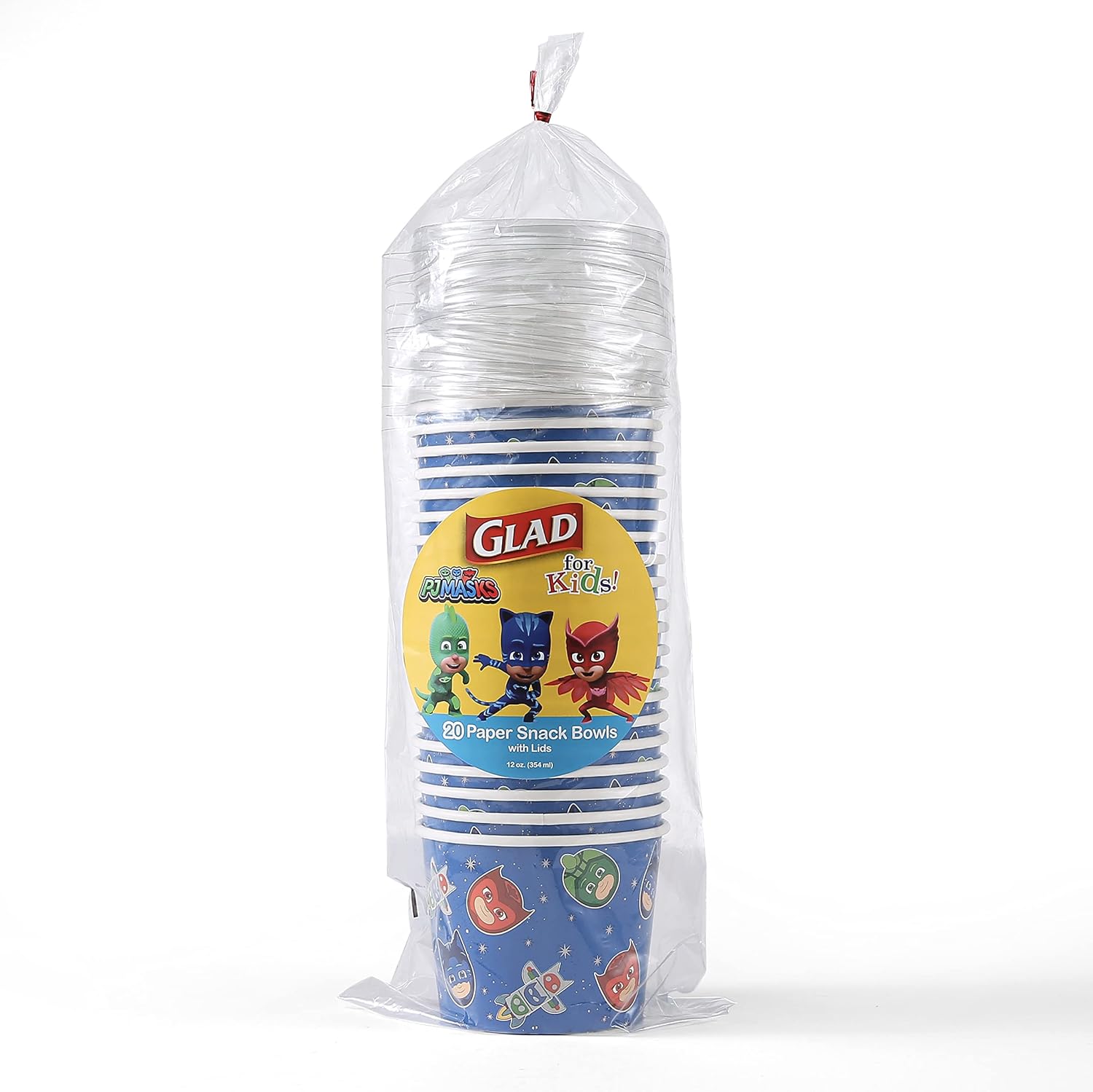 Glad Cuencos de papel para aperitivos con tapas de PJ Masks Space de 12 onzas para niños, 20 unidades, cuencos de papel desechables con tapa con