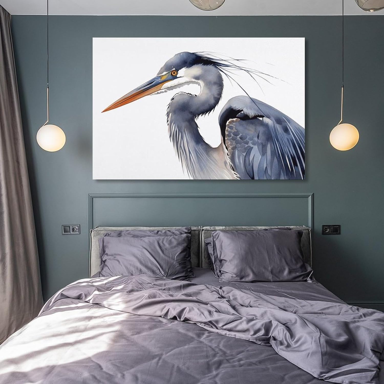 KLower Póster decorativo de pared con estampado de garza azul con estampado de garza azul, arte de pared costero, arte de pared de casa de playa,