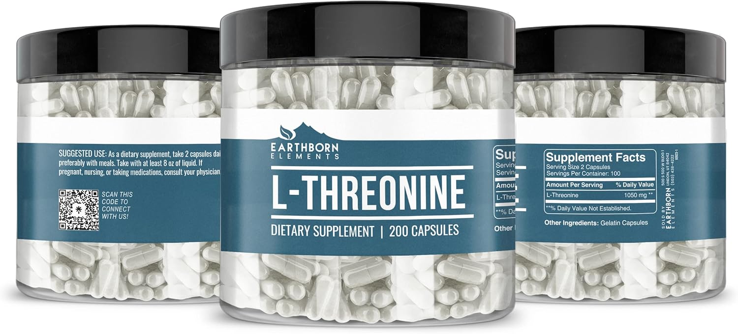 Earthborn Elements L-treonina 200 cápsulas, aminoácidos esenciales, puro y sin diluir, sin aditivos