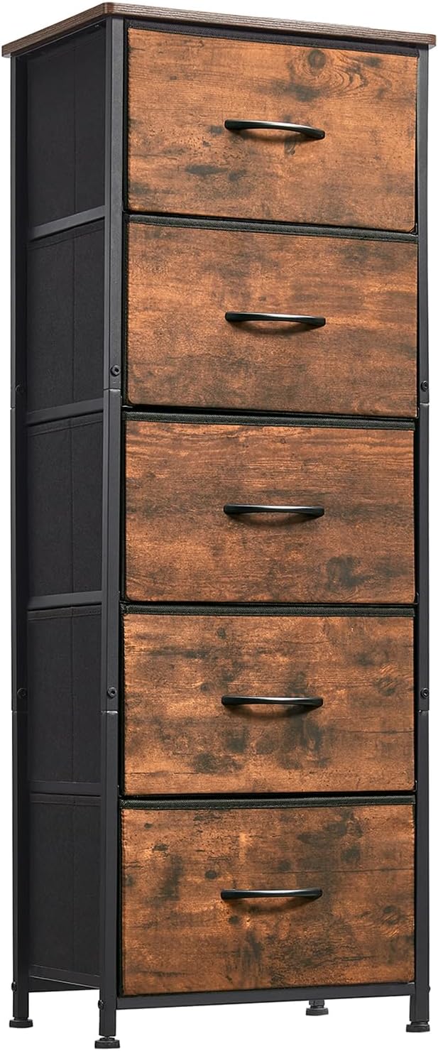 Somdot Cómoda alta para dormitorio, organizador de almacenamiento de 5 cajones, cómoda con contenedores de tela extraíbles para sala de estar,