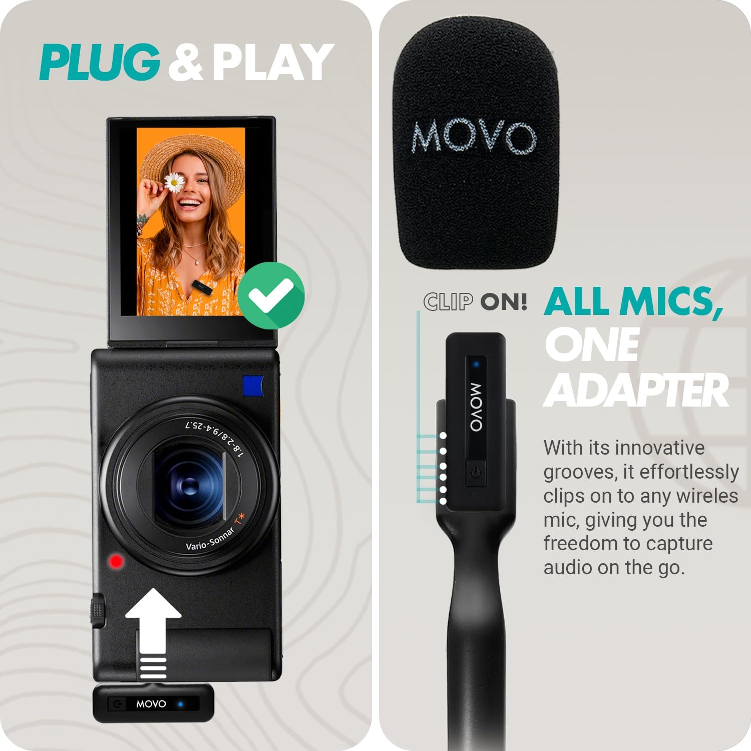 Movo Mini micrófonos inalámbricos inalámbricos para cámara con adaptador de mano WMX-HM – Transmisor inalámbrico de 2.4Ghz con micrófono de solapa,