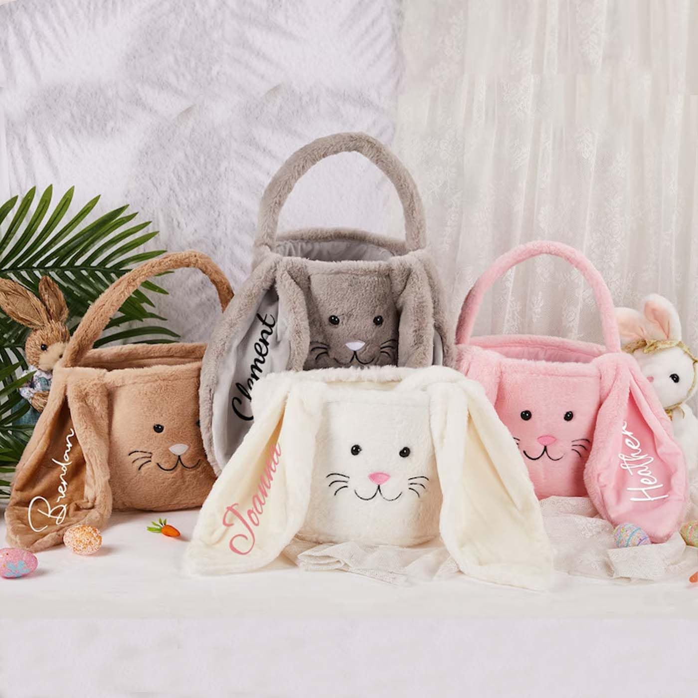 Cestas de Pascua personalizadas, cubos de conejo de Pascua con nombre personalizado, cesta de orejas de conejo de Pascua de felpa para niños y