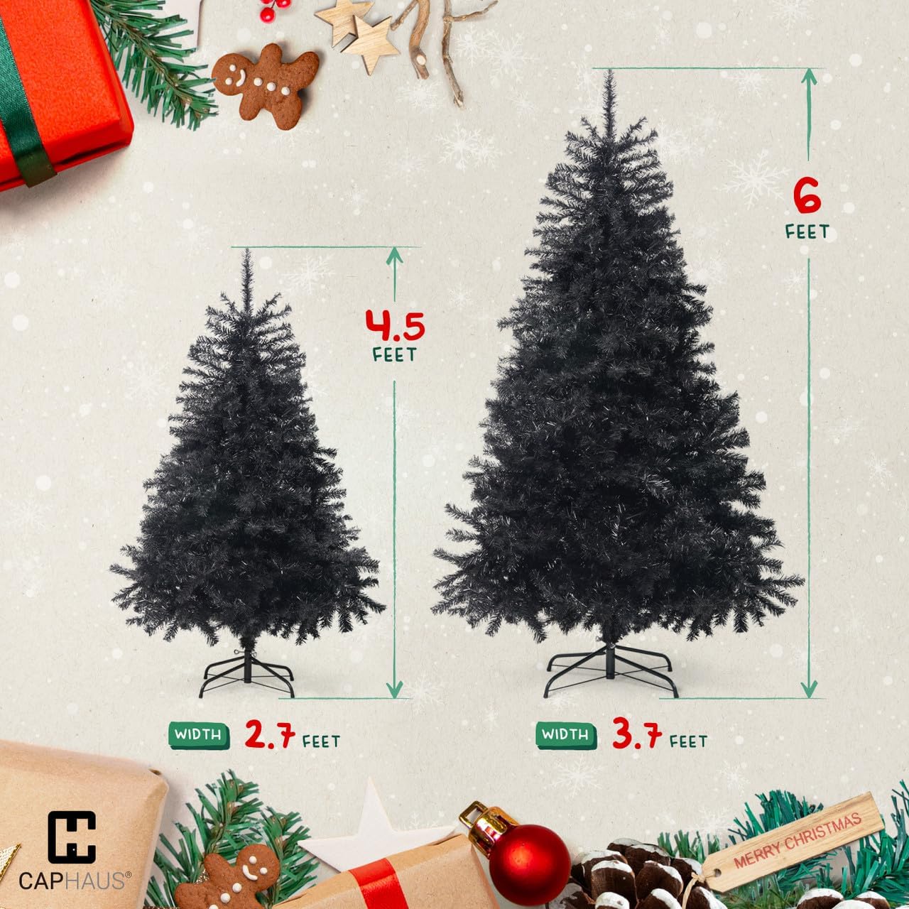 CAPHAUS Árbol de Navidad artificial negro, 4.5 pies con soporte plegable, prebisagras, 398 puntas de rama completa de alta calidad, árbol de Navidad