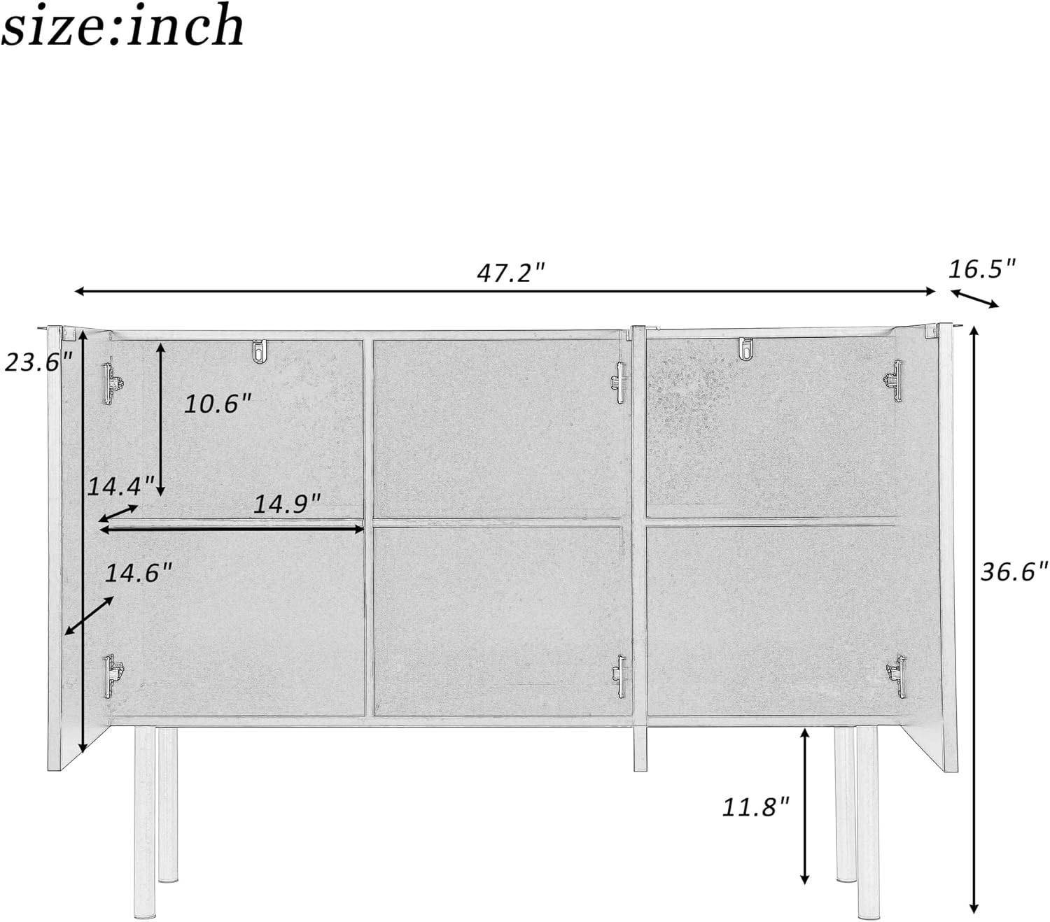 LUMISOL Aparador de cocina con 4 patas de metal dorado, armario de almacenamiento moderno con 3 puertas de línea recta y estante ajustable para sala