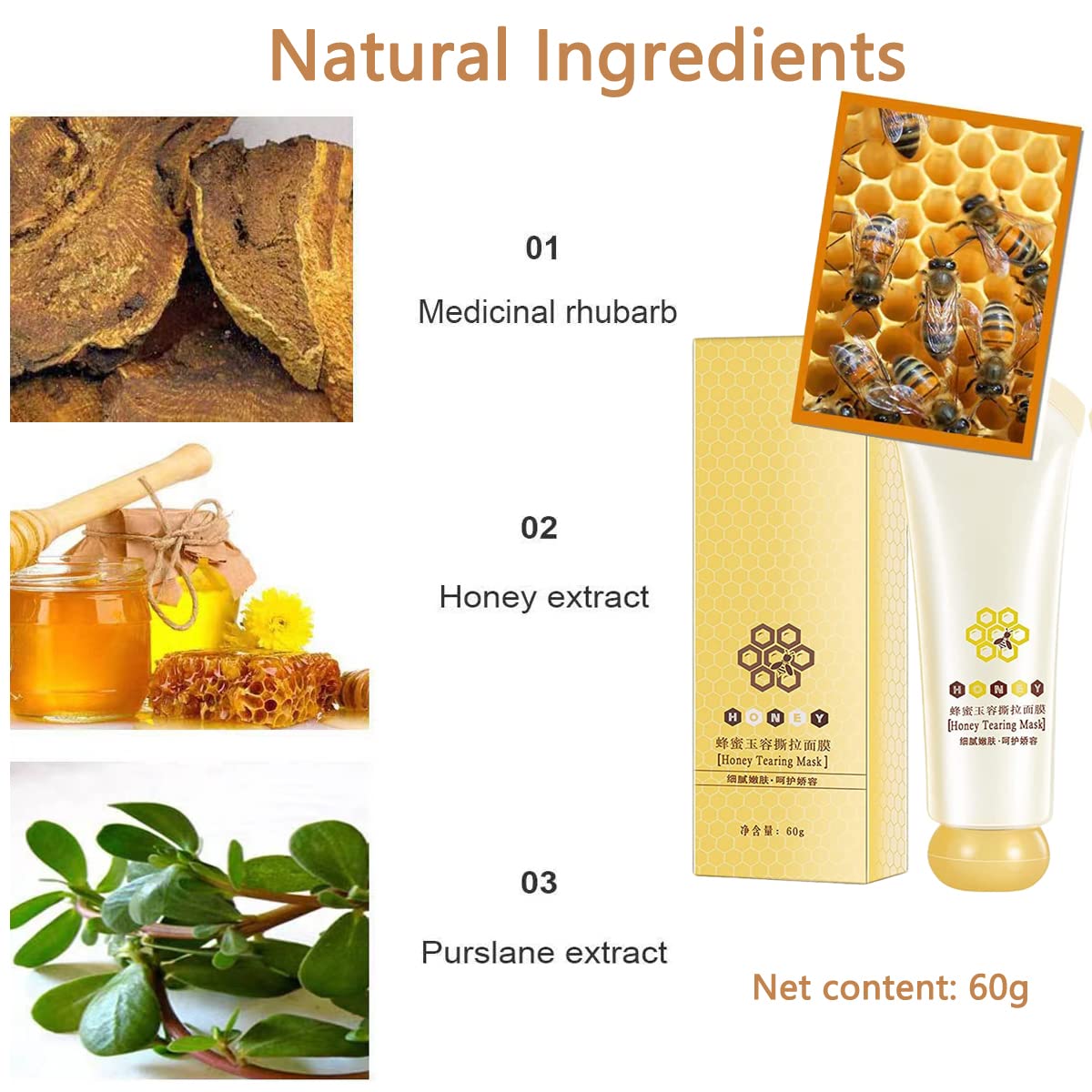 Máscara facial rasgante de miel, control de aceite, sin dolor, espinillas y piel muerta, mascarilla facial de 24 unidades, máscara de miel para
