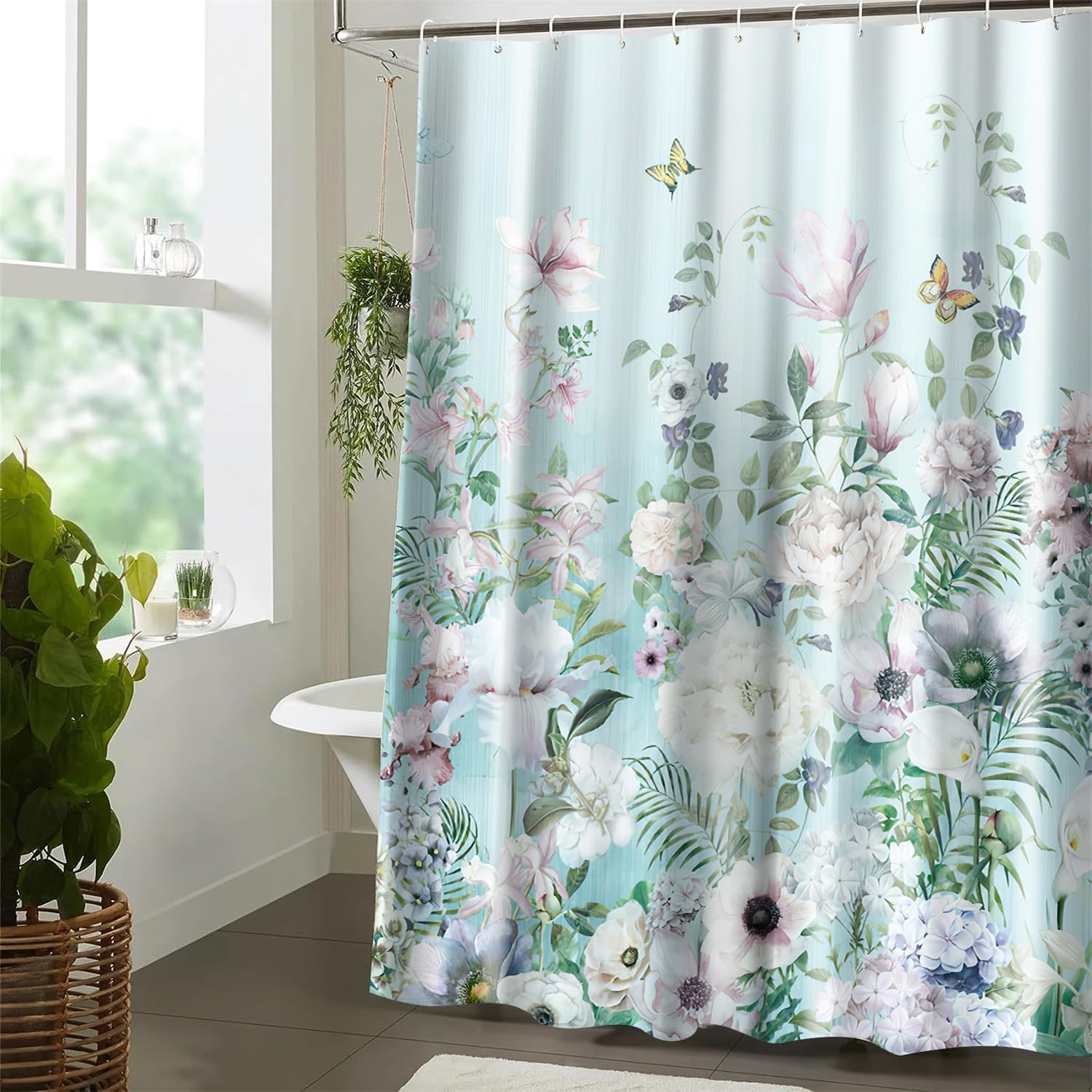 Juego de cortinas de ducha verde azulado, cortinas de ducha de flores para baño, cortinas de ducha de tela impermeable, decoración de cortina de