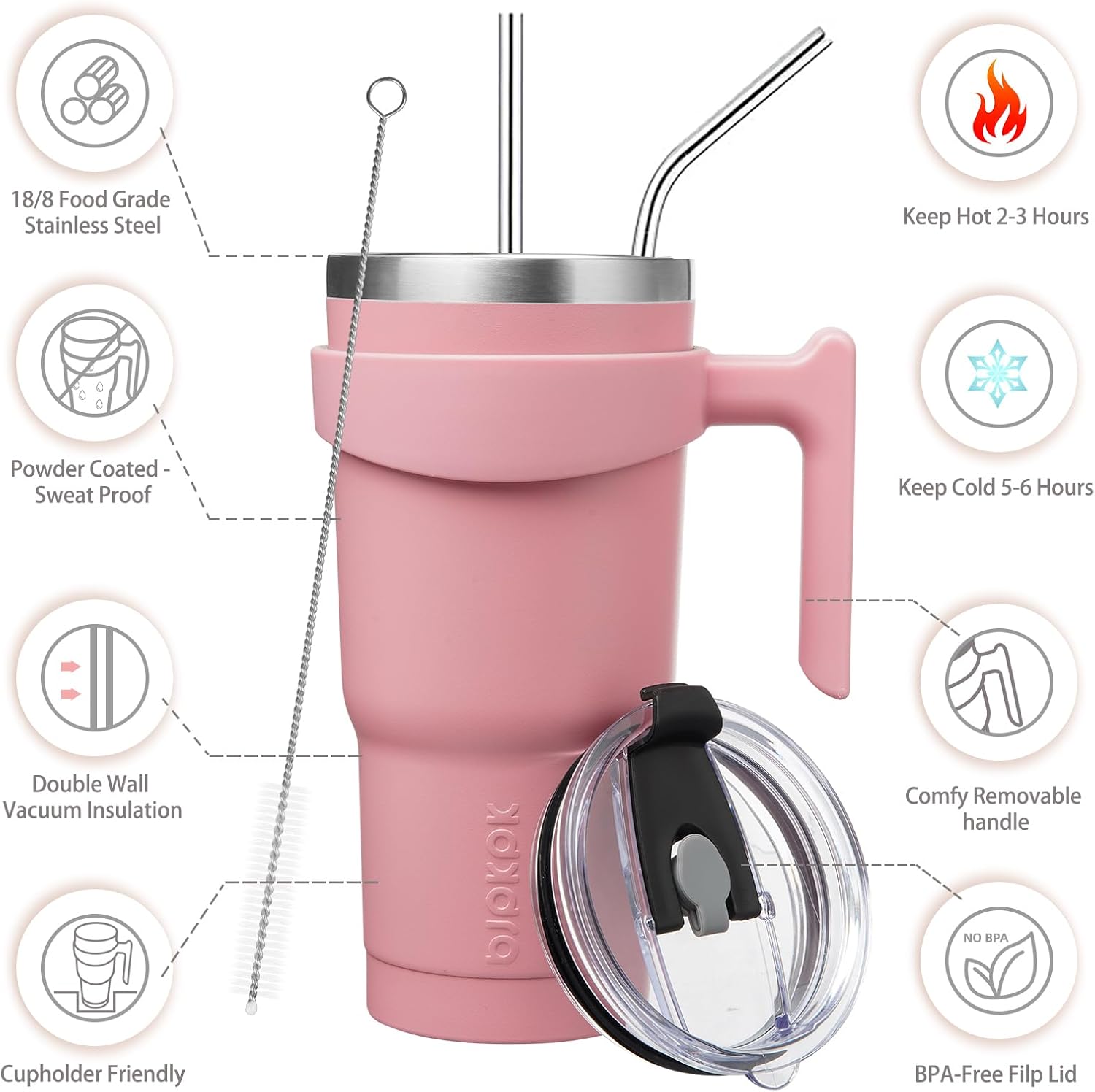 BJPKPK Vaso con asa de acero inoxidable de 20 onzas, con aislamiento de doble pared, con tapa y pajita, color rosa claro