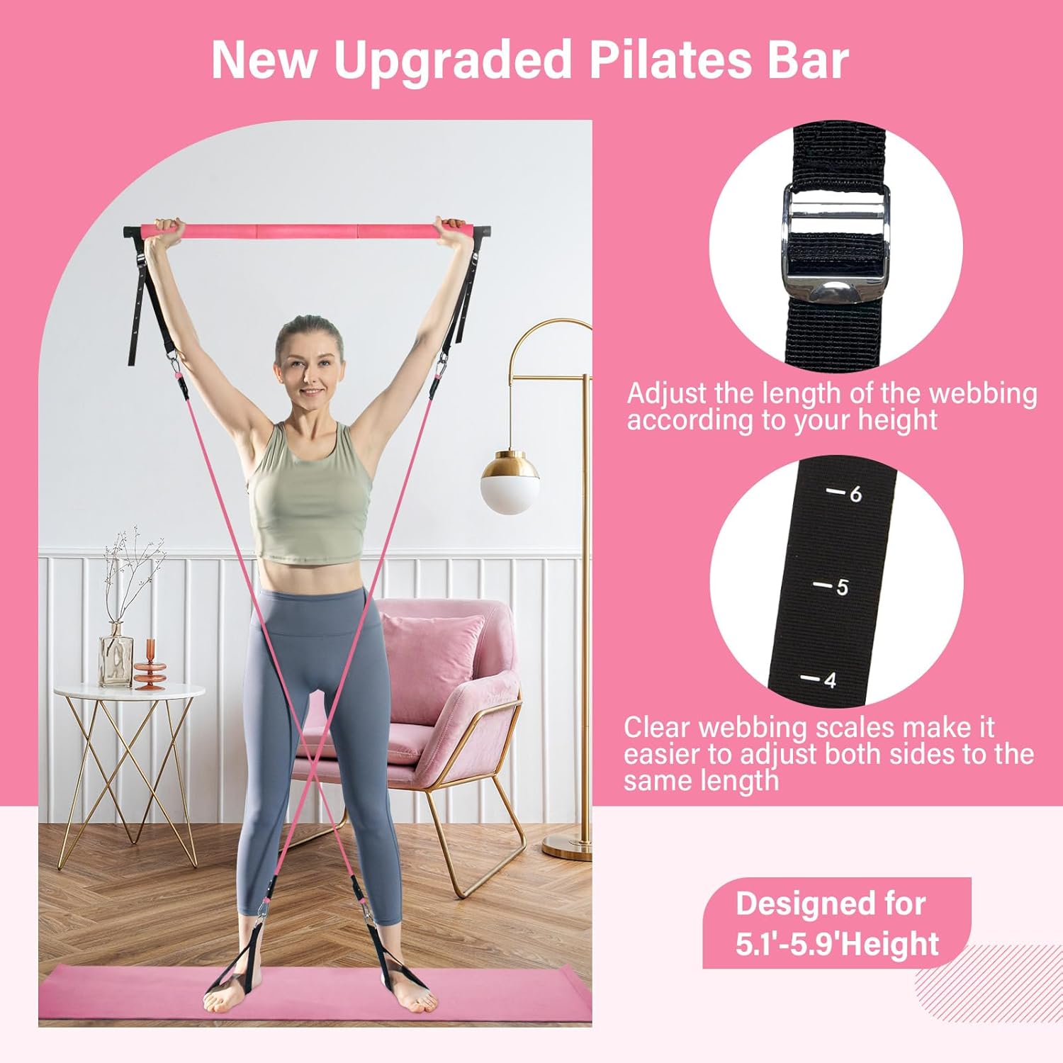 Kit de barra de pilates con bandas de resistencia (2 estándar y 2 fuertes), equipo de entrenamiento de gimnasio en casa para mujeres, barra de