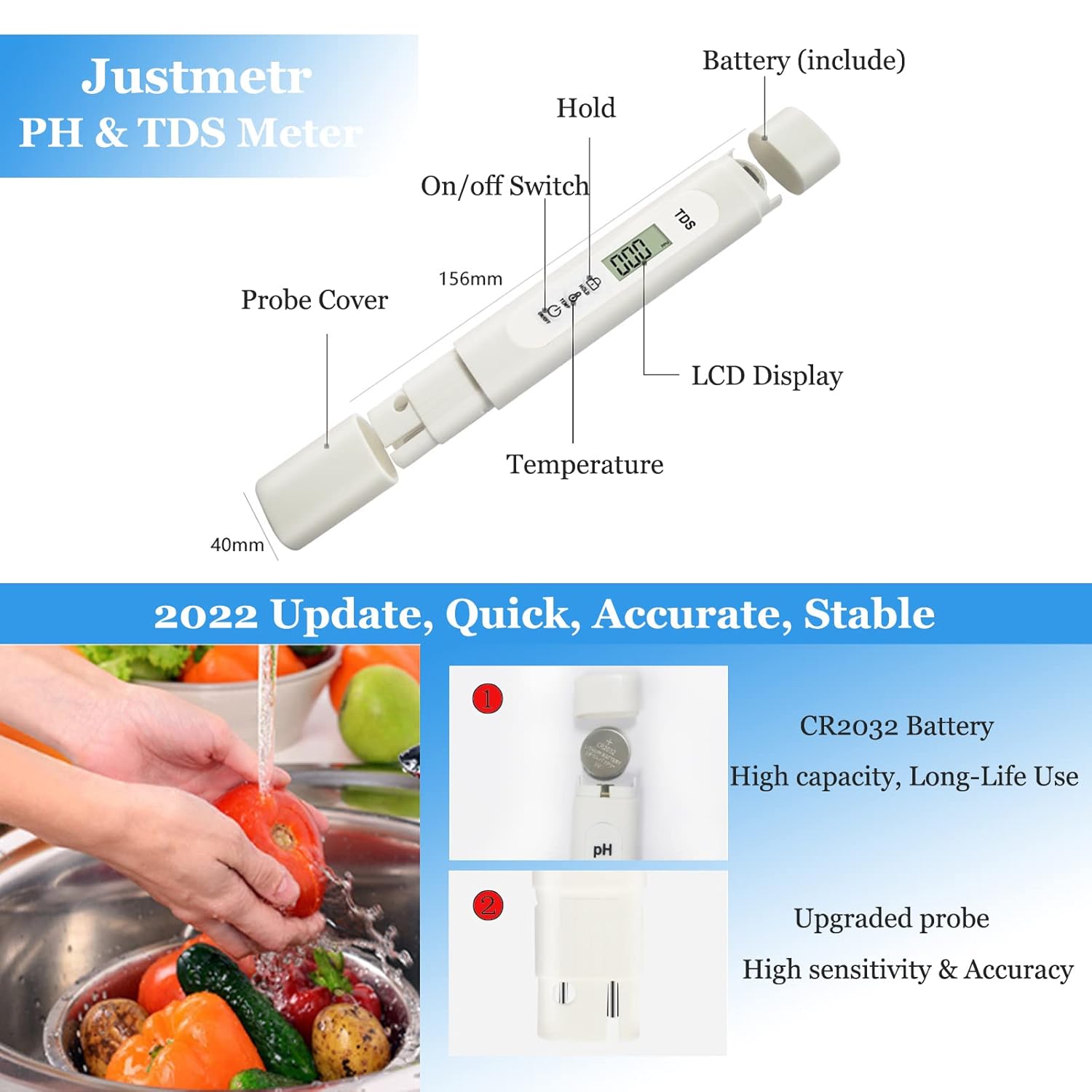 Nuevo Medidor de pH Justmetr y medidor de TDS, combo de probador de agua 3 en 1 PH y TDS,  0.01 pH y  2% TDSmedidor de precisión de temperatura,