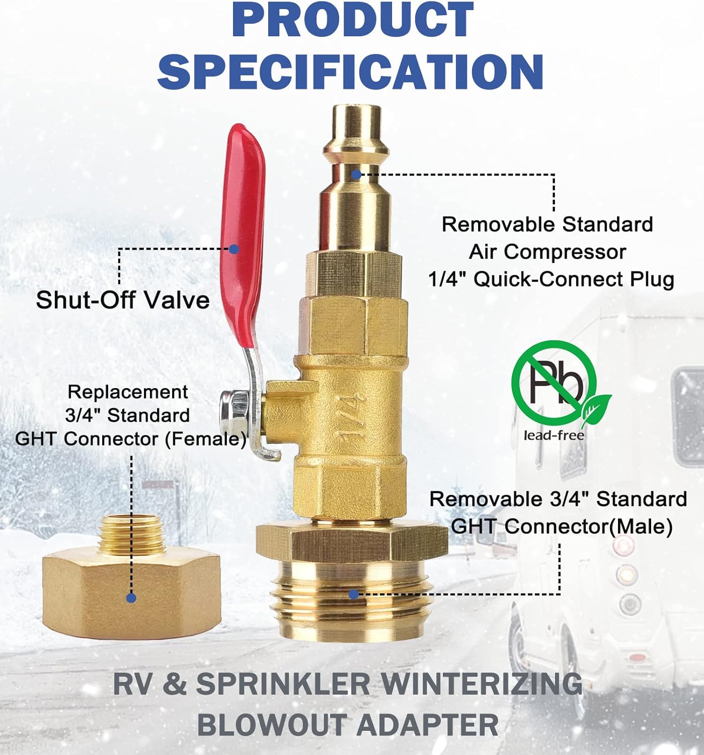 Kit de acondicionamiento de invierno para caravana, adaptador de soplado de RV con válvula de cierre, adaptador de soplado de aspersor con enchufe