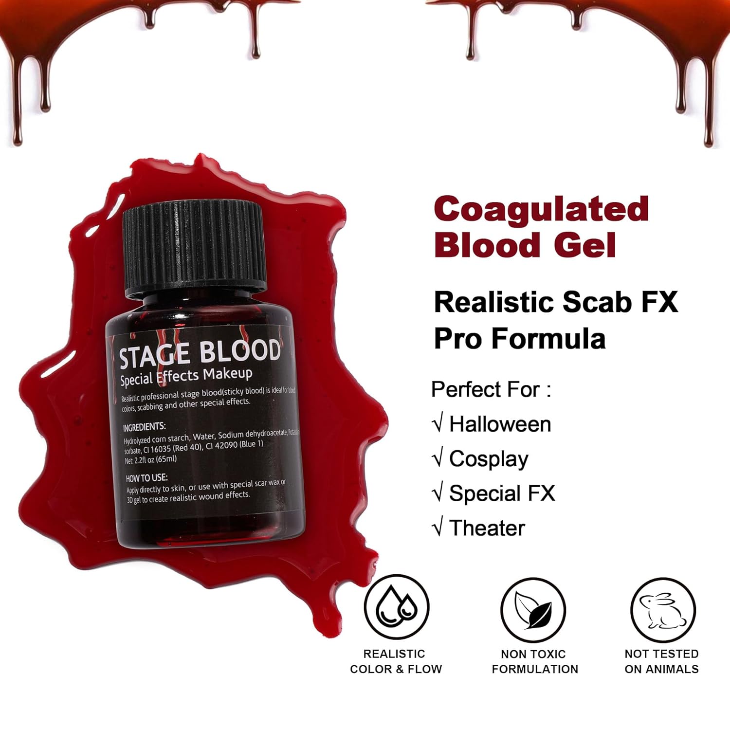 Sangre falsa de escenario, 2.2 oz de sangre falsa comestible efecto realista, maquillaje de sangre pegajosa para ojos, goteos, dientes, boca, nariz,
