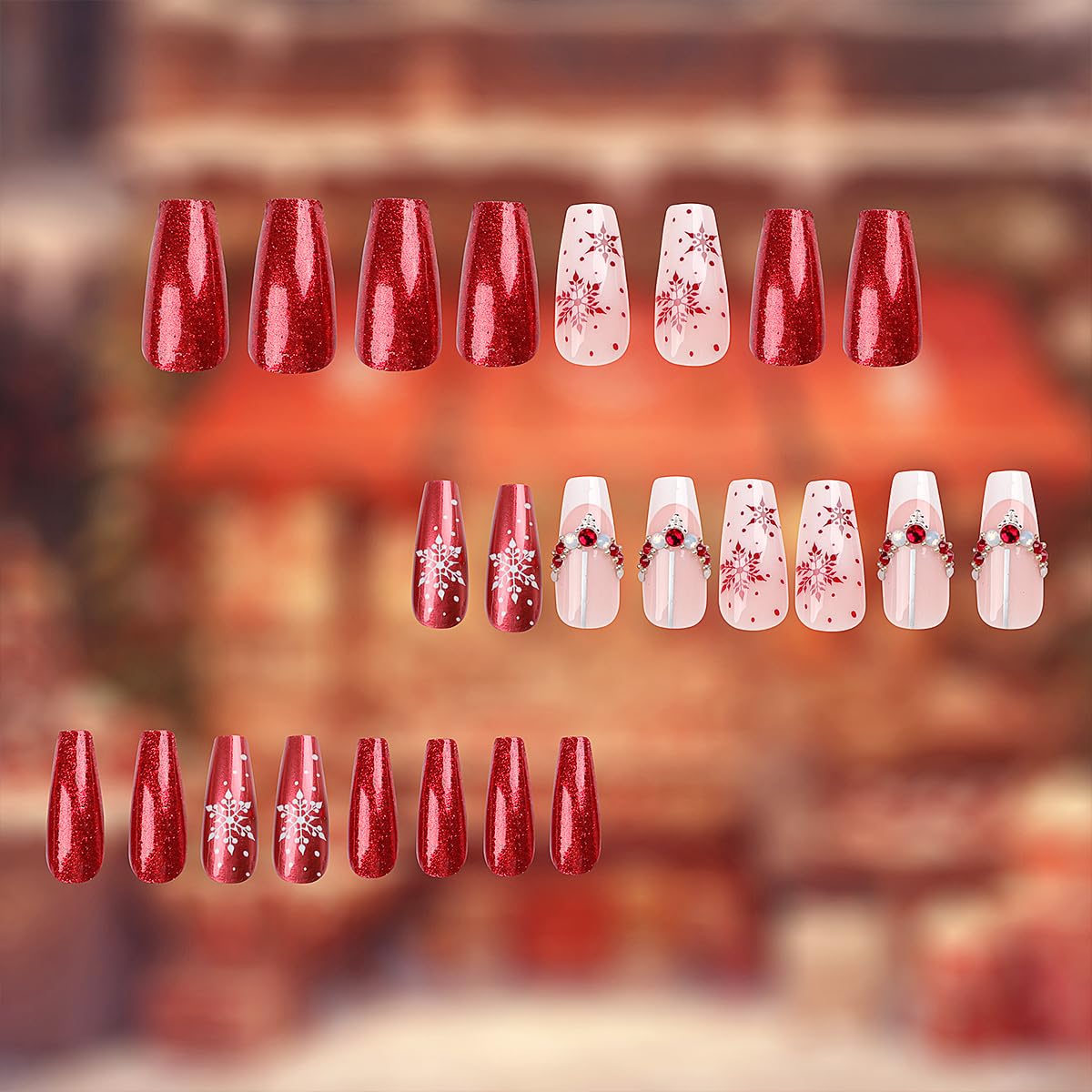 Uñas postizas a presión de Navidad de longitud media, uñas postizas de ataúd, uñas acrílicas rojas y rosas con copos de nieve, diamantes de