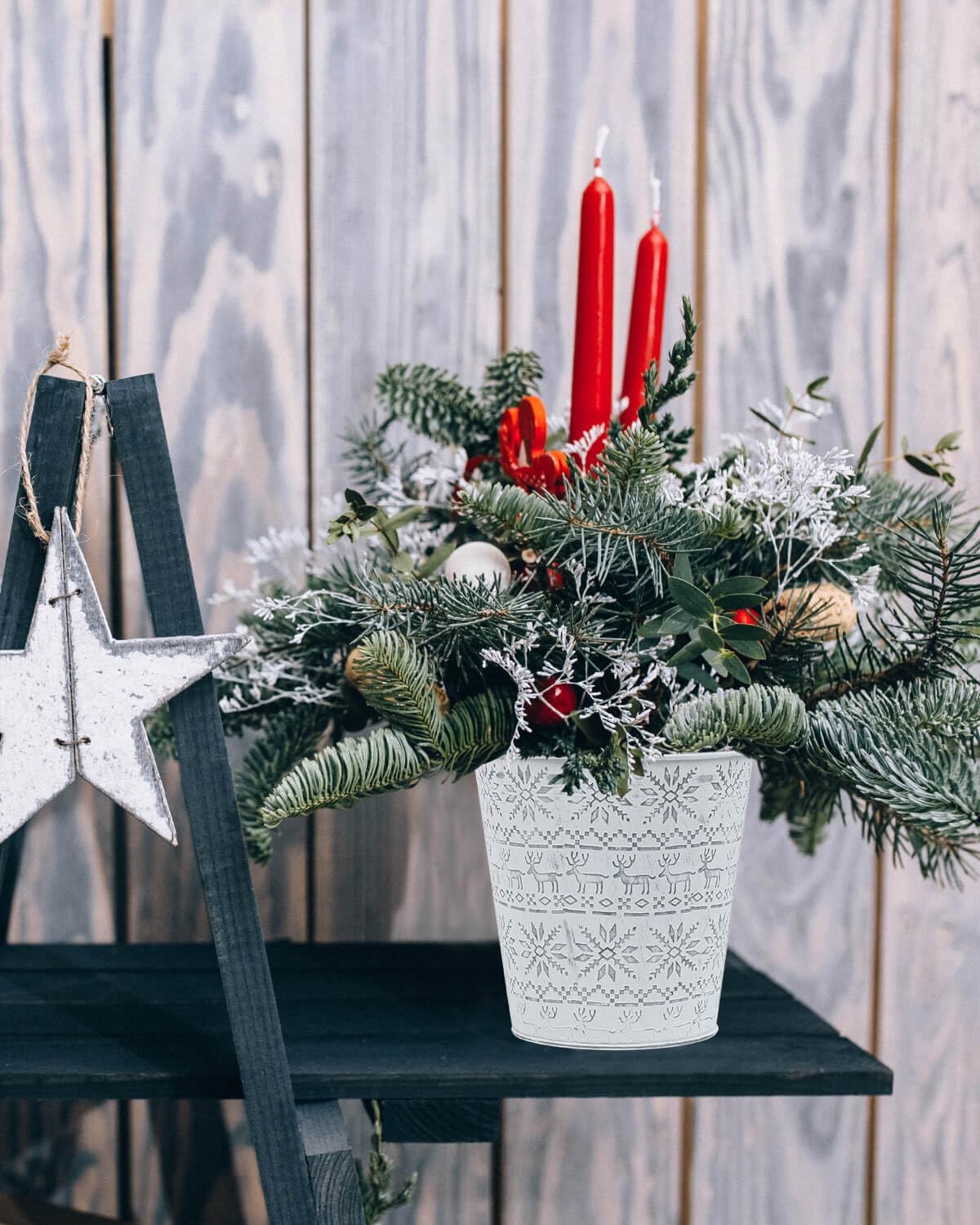 Cubos de metal galvanizado blanco de Navidad, 4 macetas rústicas de hojalata con orificio de drenaje y enchufe, regalo de Navidad, maceta vintage