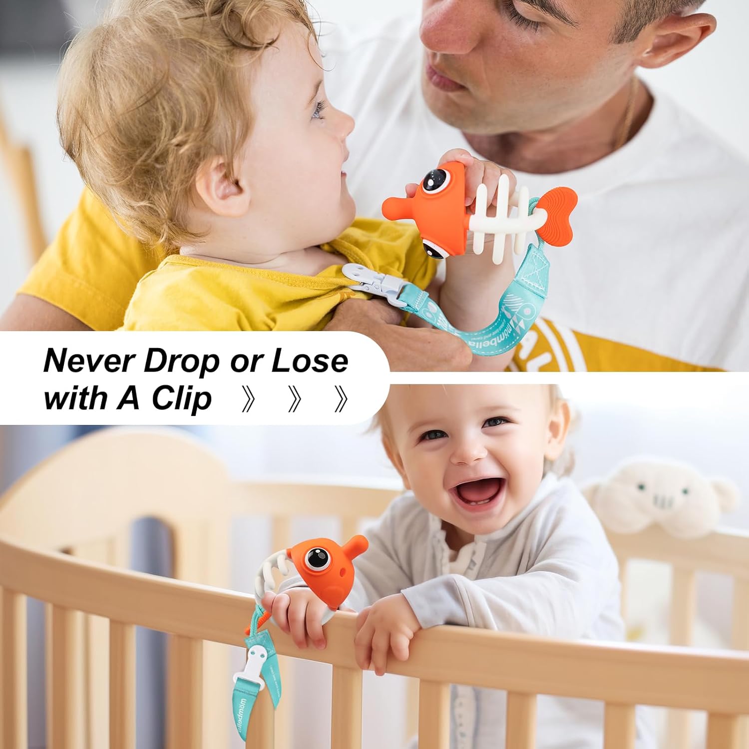 Mombella Clownfish – Juguetes mordedores para bebés, juguetes de dentición para bebés de 0, 3, 6, 12 meses con clip, mordedores de silicona suave y