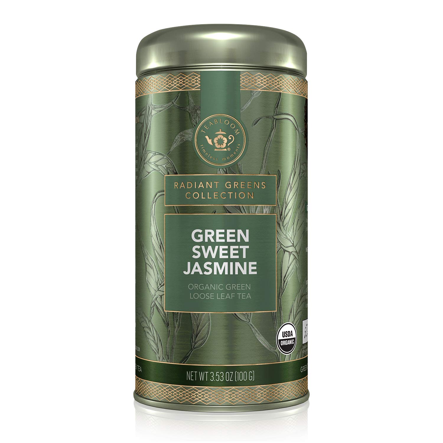 Teabloom Té verde orgánico, té de hojas sueltas de jazmín dulce verde, té de jazmín clásico cautivador y aromático, certificado orgánico por USDA,