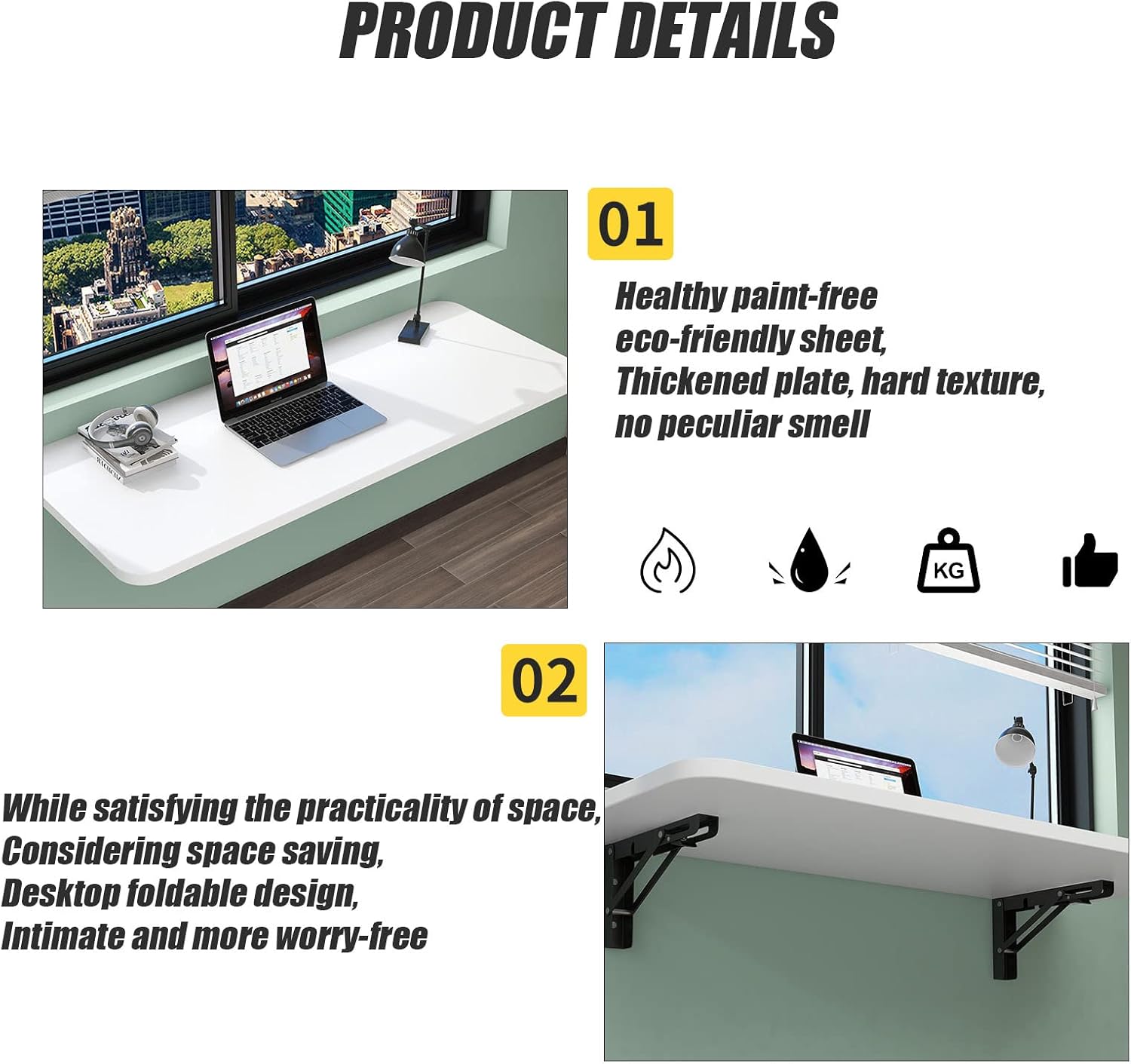 OCAZI Mesa plegable montada en la pared, mesa de hojas colgantes para espacios pequeños, mesa de pared plegable para cuarto de