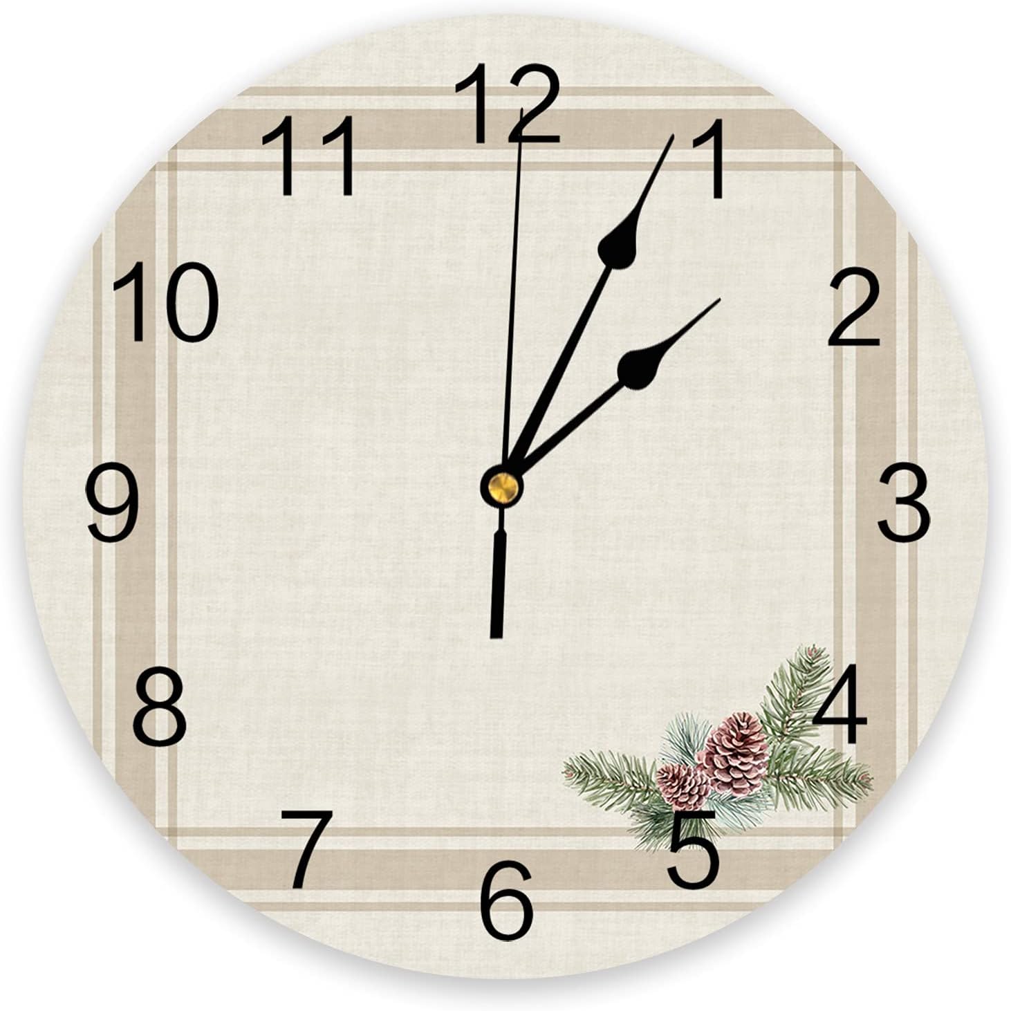 Reloj de pared de 12 pulgadas, silencioso sin tictac, funciona con pilas, conos de pino retro de granja de Navidad con esfera de números redondos
