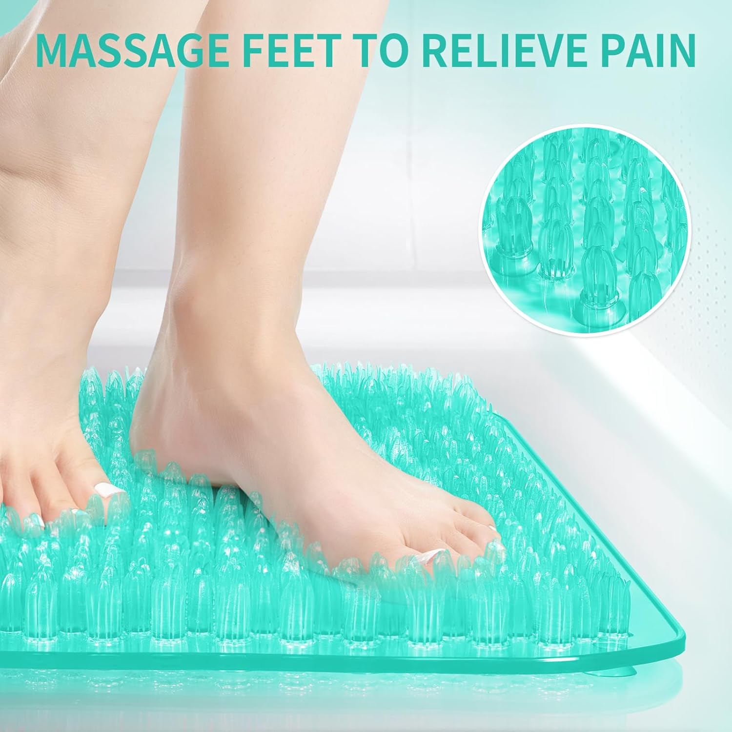 Yolife Tapete de ducha para pies, tapete de baño antideslizante con cerdas exfoliantes, masajeador de pies de ducha suave con ventosas fuertes para