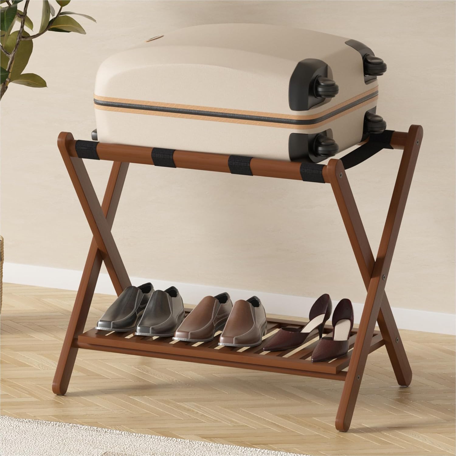 Forevich Portaequipajes plegable de bambú con estante de almacenamiento para habitación de invitados, sala de estar, Hotel Essentials, soporte de