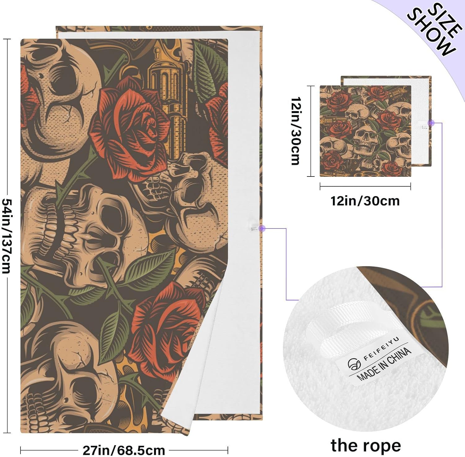 Skulls Guns Roses – Juego de toallas de baño de algodón para baño, juego de toallas suaves, 1 toalla de baño, 1 toallita suave, absorbente, para