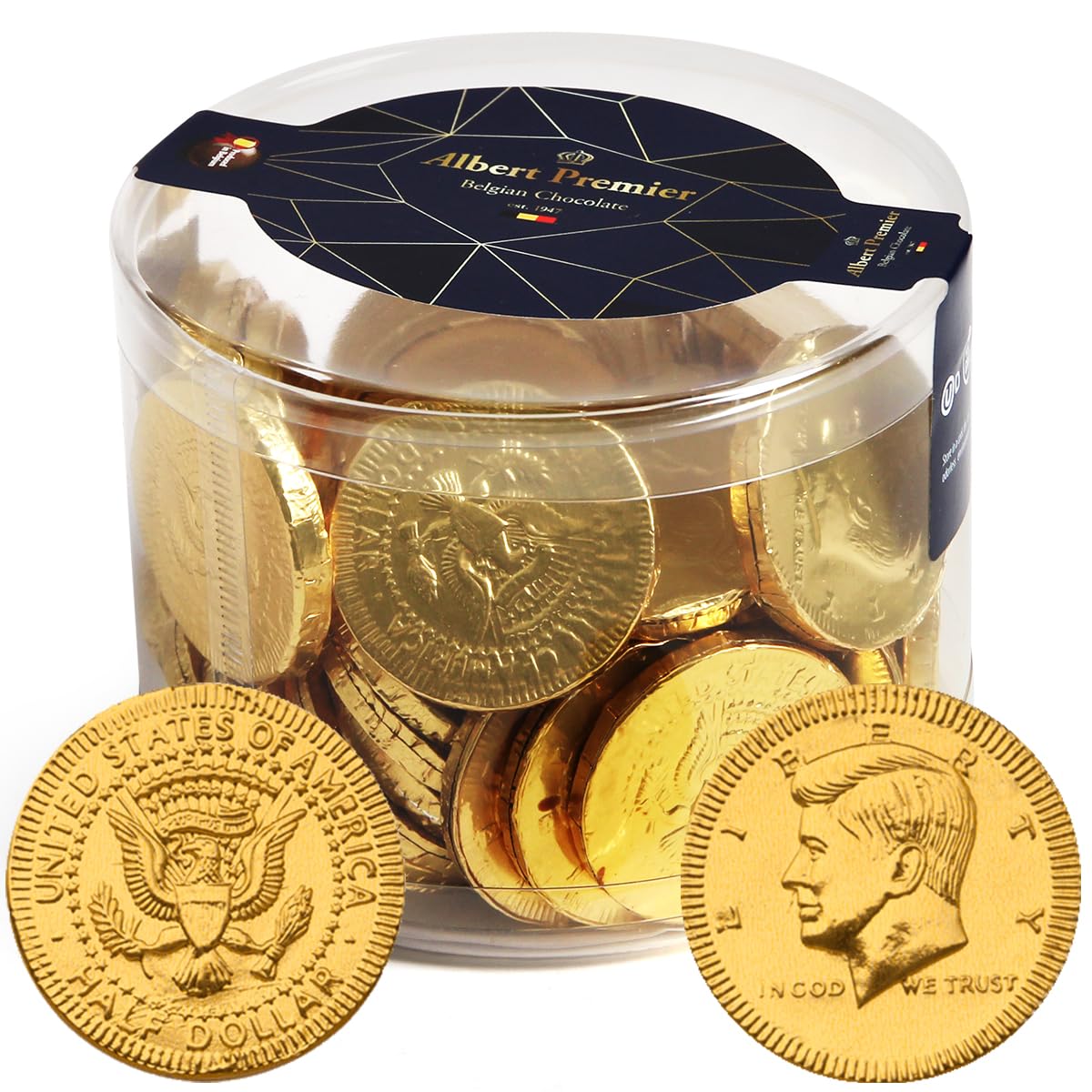 Albert Premier – Monedas de chocolate belga  48 monedas de oro envueltas individualmente, golosinas de chocolate con leche certificado Kosher  para