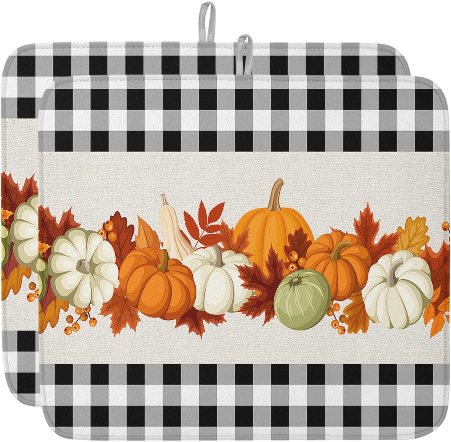 Alfombrillas de secado de platos de calabazas de otoño para encimera de cocina, 2 piezas, búfalo a cuadros negros y blancos absorbentes de