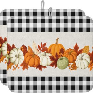 Alfombrillas de secado de platos de calabazas de otoño para encimera de cocina, 2 piezas, búfalo a cuadros negros y blancos absorbentes de Alfombrillas de secado de platos de calabazas de otoño para encimera de cocina, 2 piezas, búfalo a cuadros negros y blancos absorbentes de