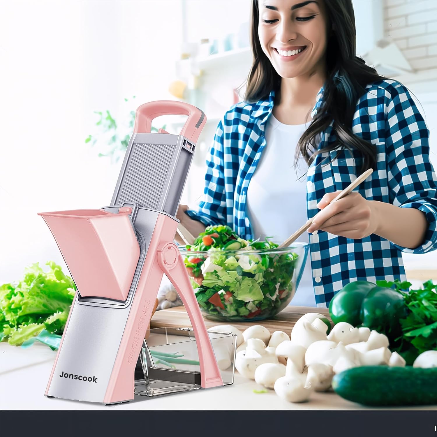 Jonscook Cortador de alimentos con mandolina segura para cocina, picadora de verduras con grosor ajustable, cortador de verduras multifuncional,
