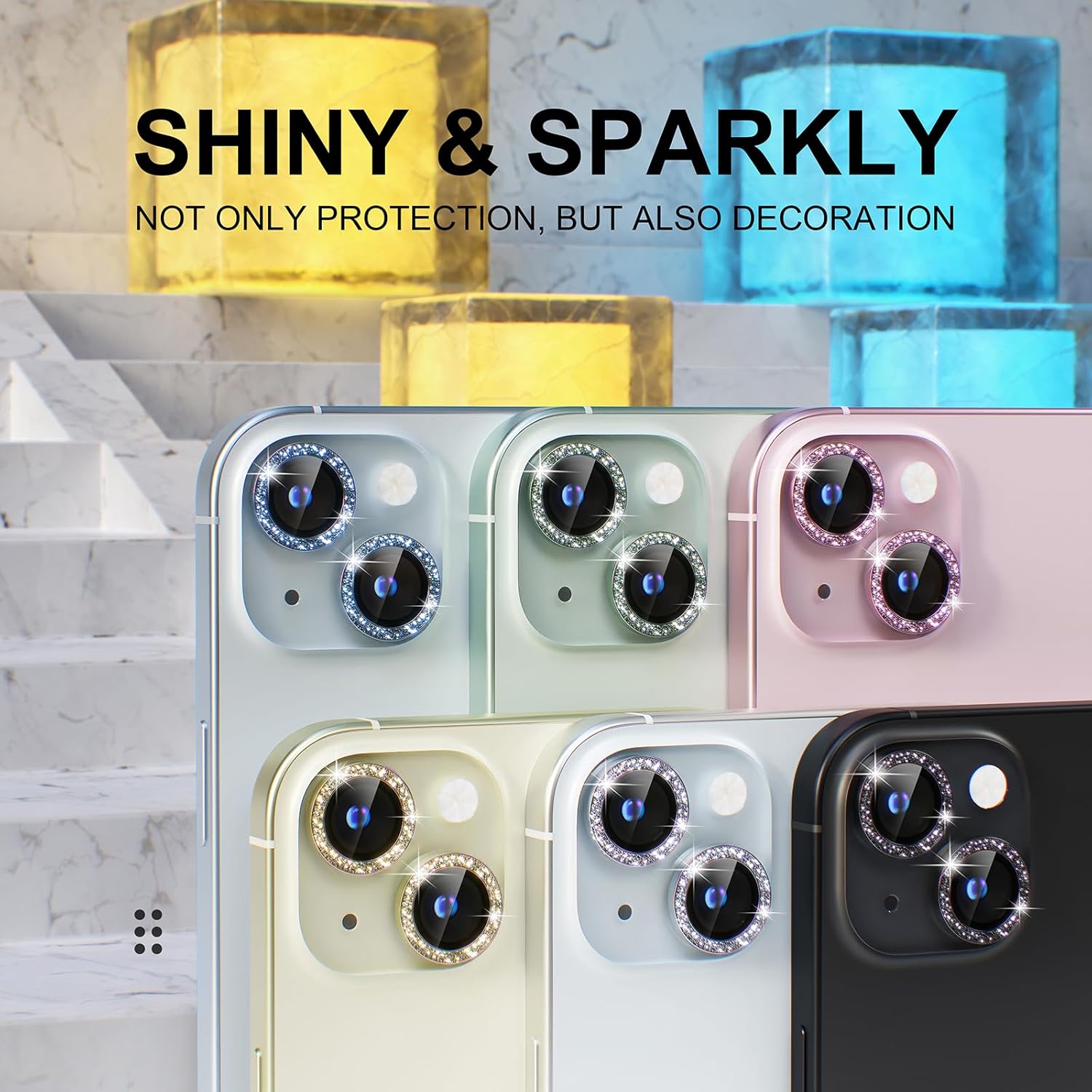 Choiche Protector de lente de cámara compatible con iPhone 15iPhone 15 Plus, protector de pantalla de vidrio templado 9H, accesorios de decoración