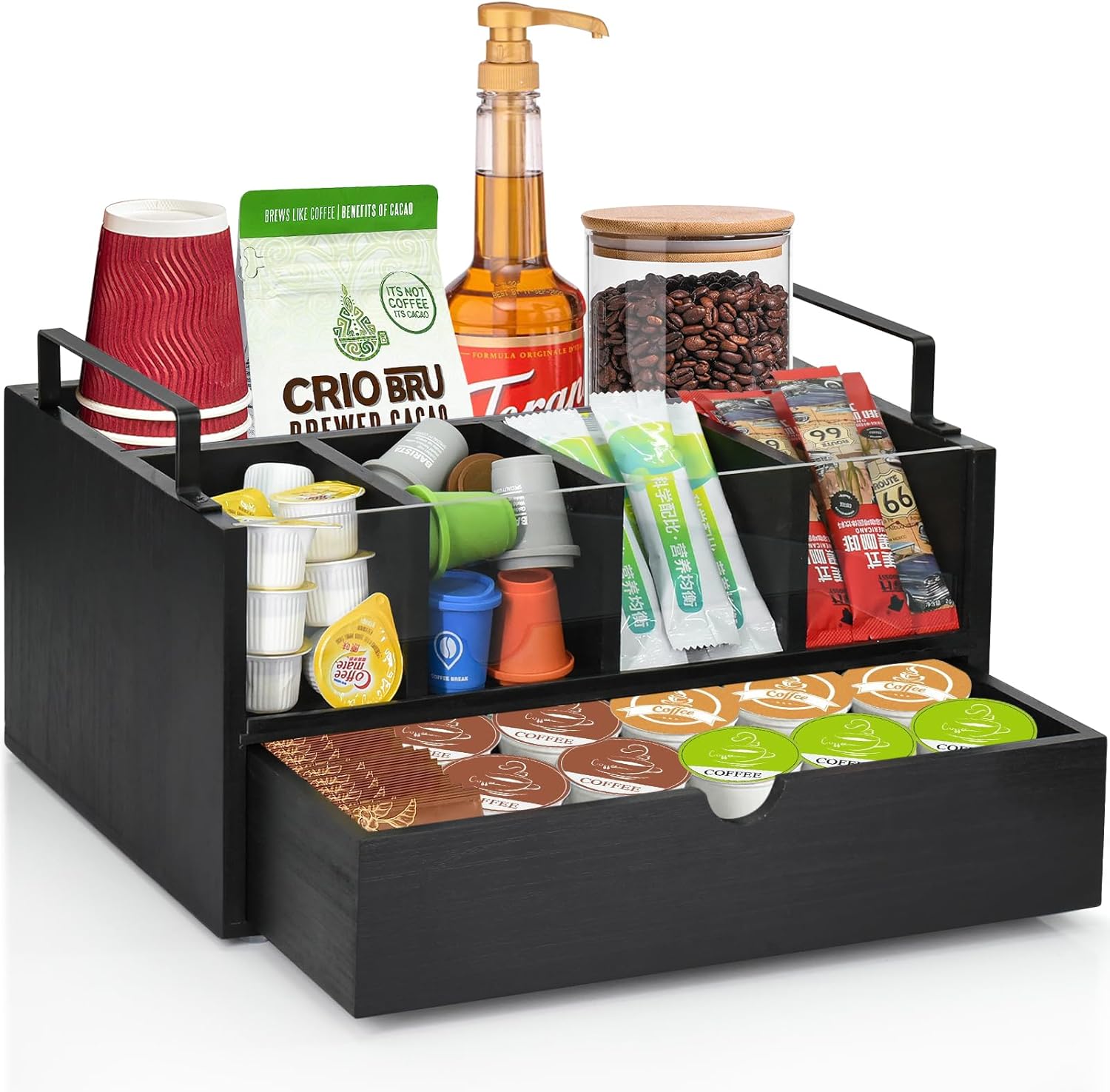 Organizador de barra de café para encimera, organizador de estación de café de madera con cajón, organizador de tazas K, soporte para cápsulas de