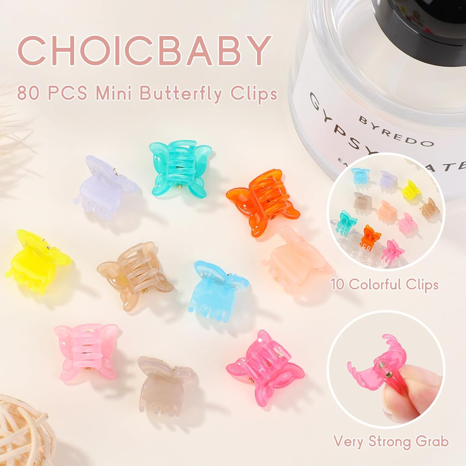 Choicbaby 80 mini pinzas de mariposa para el cabello para niñas, 10 colores, 90, mini pinzas para el cabello con caja, pinzas de garra para niños,