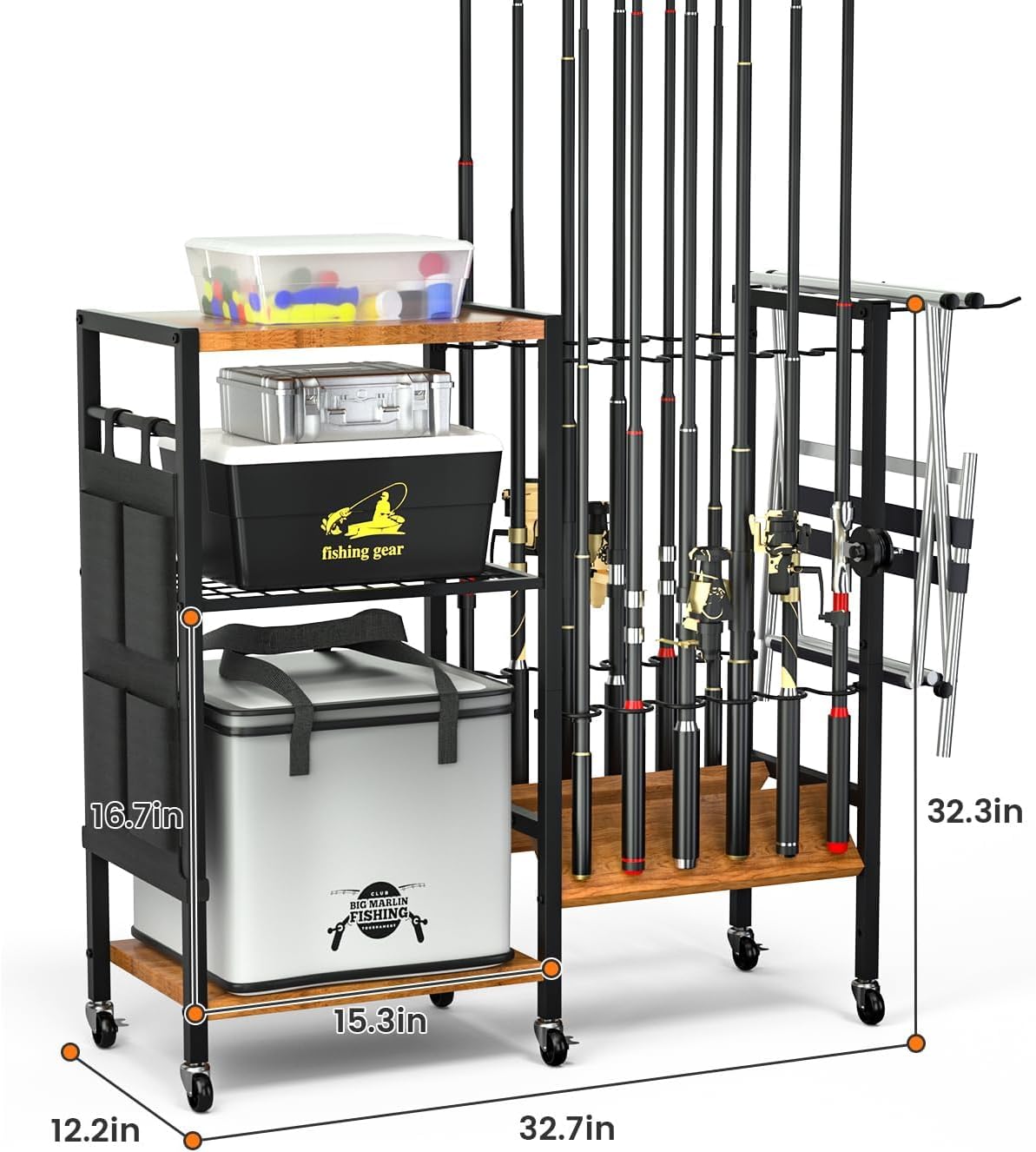 Soportes para caña de pescar y equipo – Organizadores de equipos de pesca, soportes para caña de pescar con ruedas de hasta 12 cañas de pescar, para