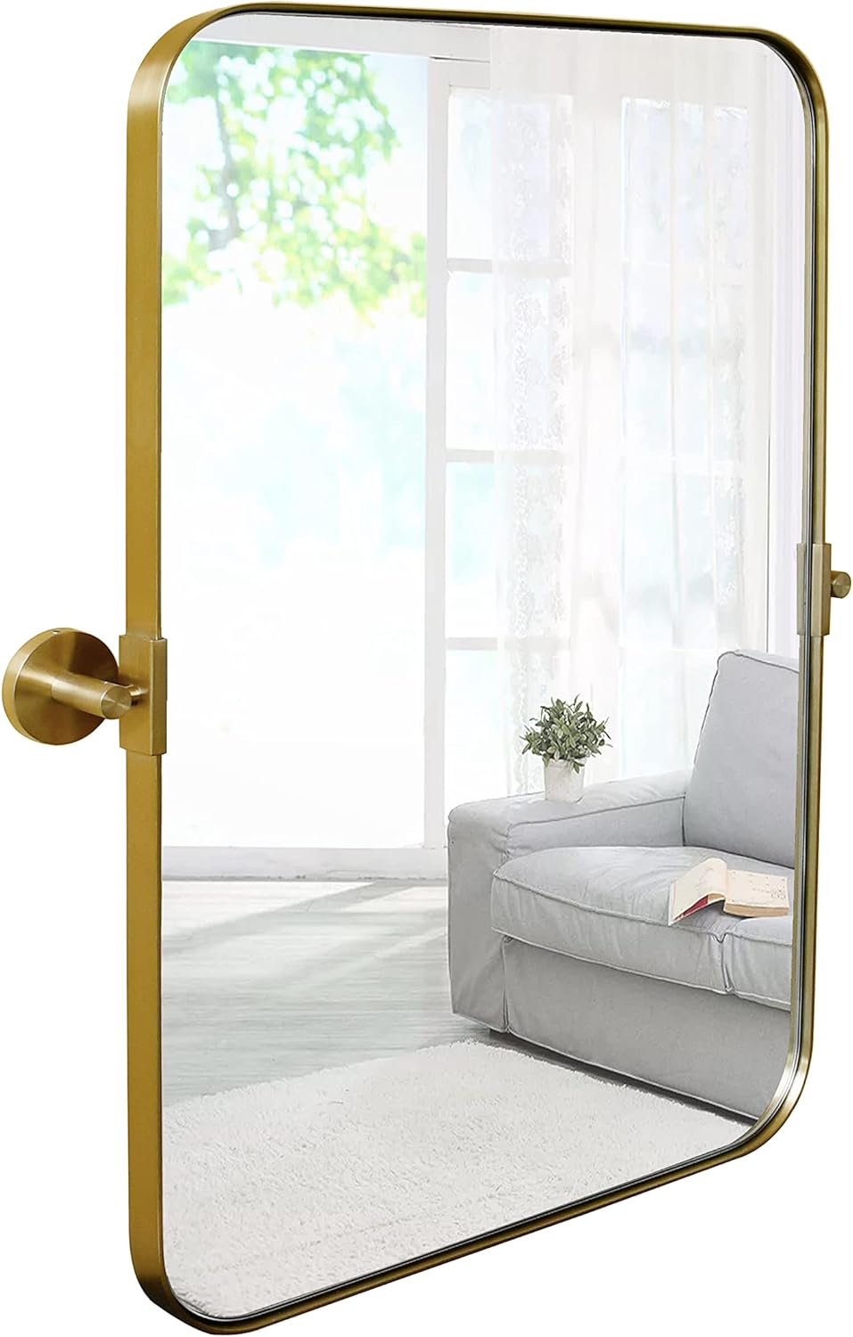 Hamilton Hills Espejo con marco de metal dorado cepillado de 16 x 24 pulgadas, espejos pivotantes para baños, marco rectangular de esquina