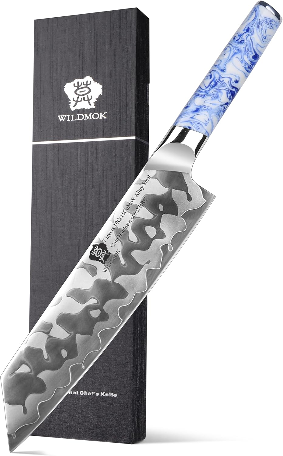 WILDMOK Cuchillo Kiritsuke de 8.5 pulgadas, 7 capas de acero revestido 10Cr15CoMoV con mango de resina de porcelana azul y blanca, cuchillos de chef