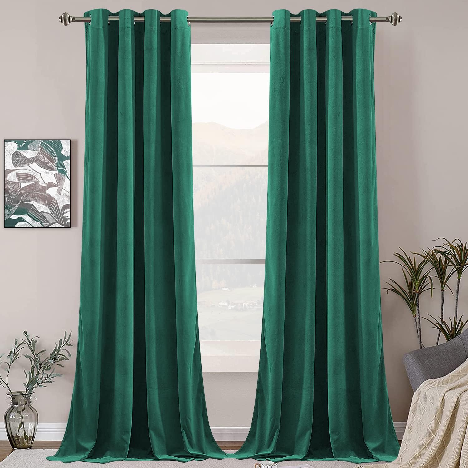Cortinas de terciopelo claro con bloqueo de 108 pulgadas con ojales, color verde esmeralda, reducen el ruido, cortinas de terciopelo grueso para