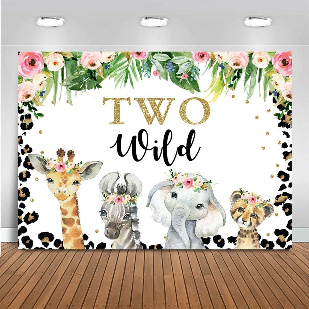 Mocsicka Fondo de dos salvajes para niñas, safari en la selva, animales de 2 cumpleaños, decoración de fiesta de cumpleaños floral, fondo de fotos