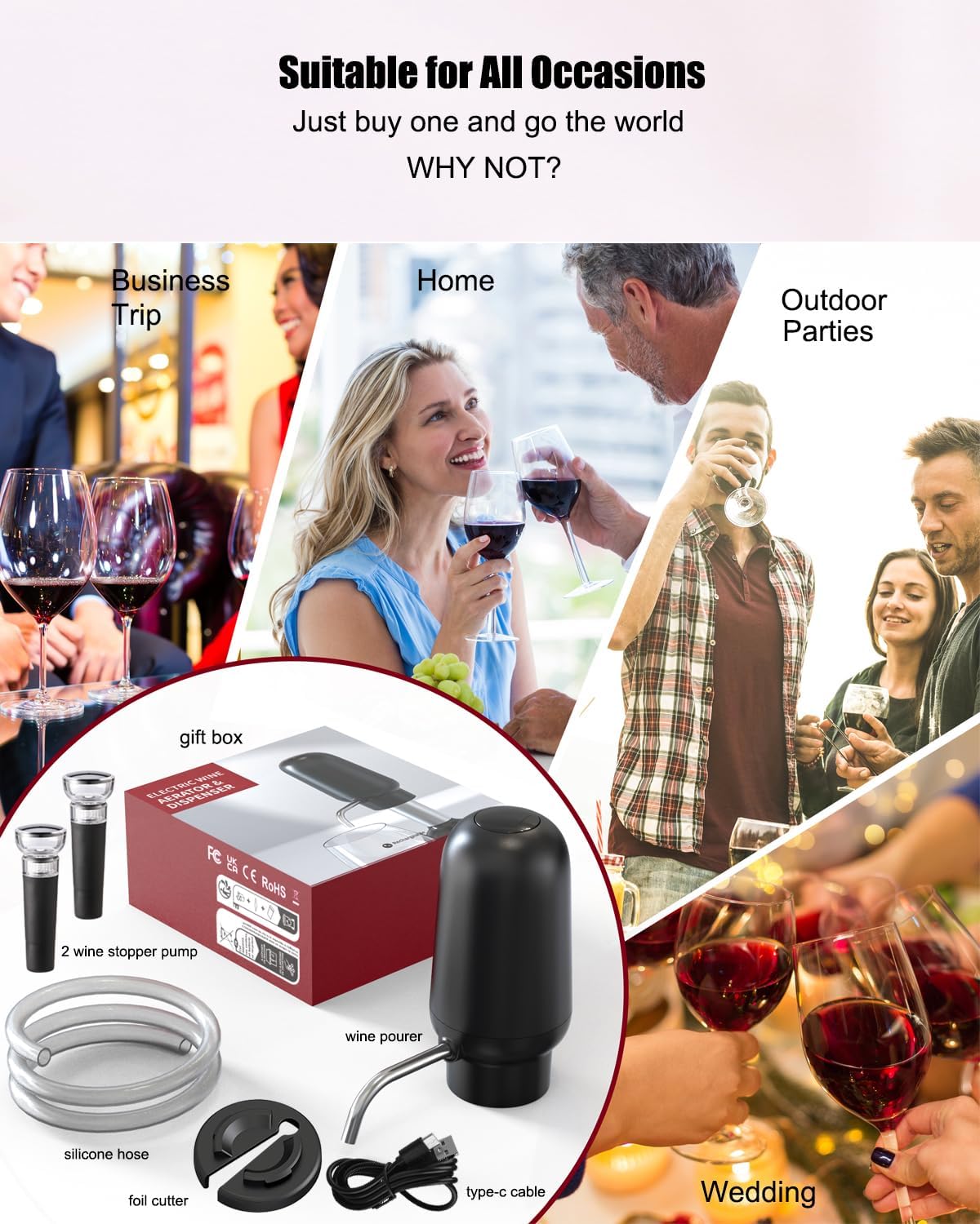 DERGUAM – Vertedor de vino eléctrico, aireador de vino recargable con 2 tapones de vino, aireador automático portátil de un botón con cortador de