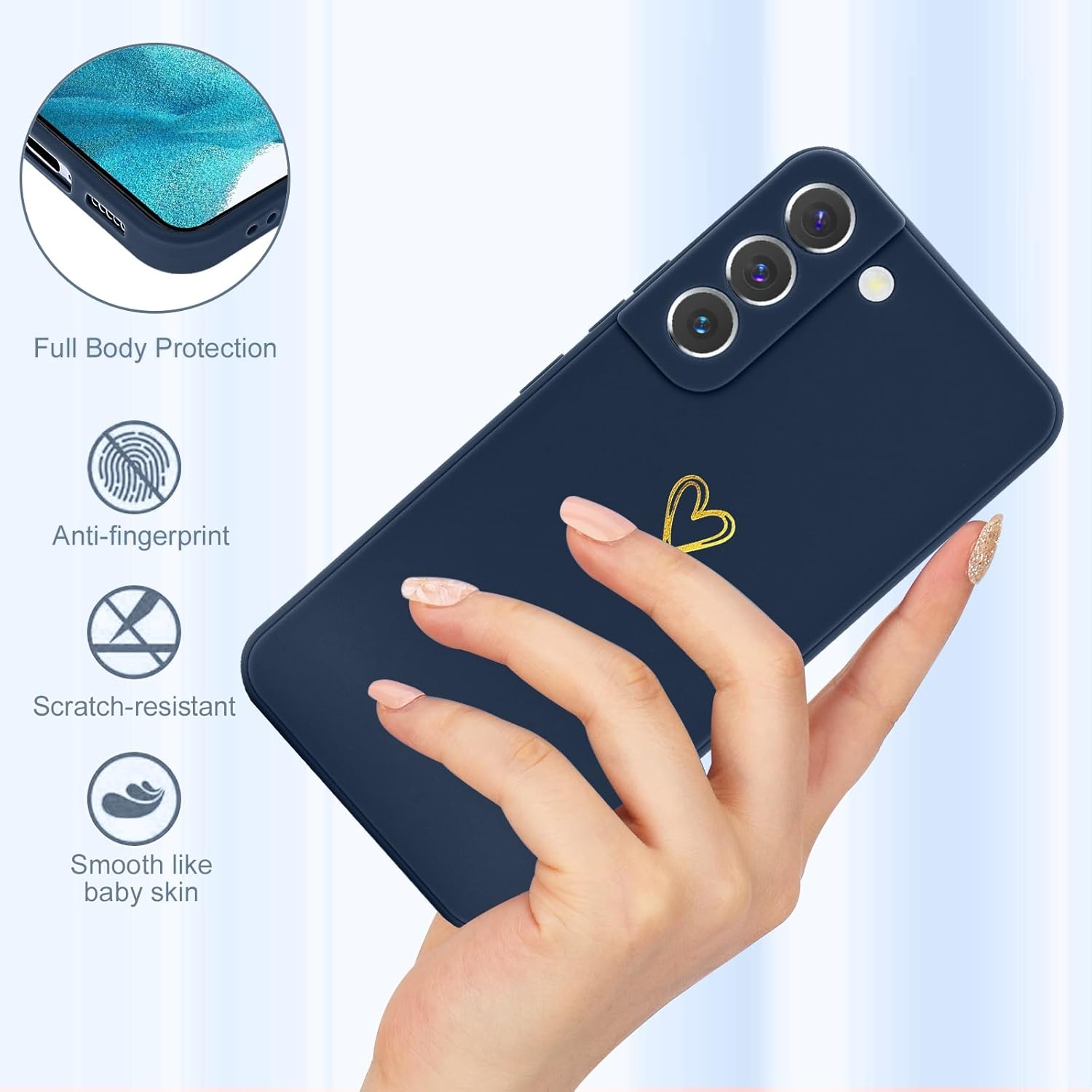 Funda para Samsung Galaxy S22, bonita funda delgada a prueba de golpes con soporte de carga inalámbrica y protección, azul marino