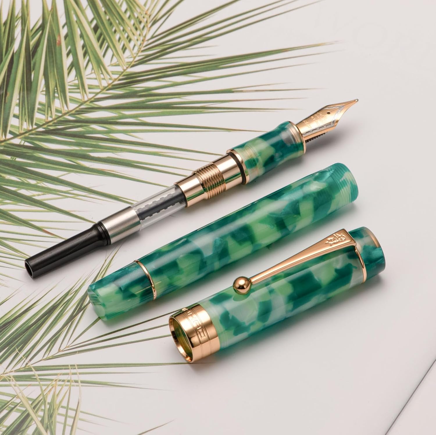 Jinhao – Pluma estilográfica clásica con borde dorado de mármol verde, punta M con convertidor y estuche para bolígrafos
