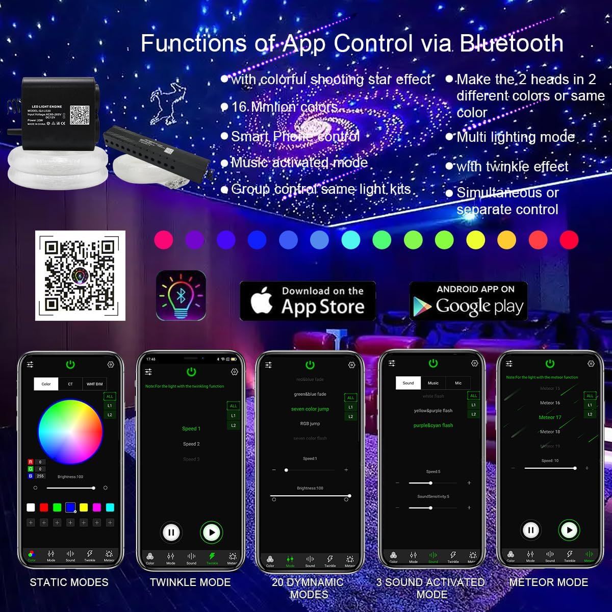 AKEPO 20W RGBW Twinkle Dual-Head Diferentes Color APP Luces de fibra óptica, kit de luz de meteorito colorido+900pcs 0.03in 9.8ft Fibra óptica Star