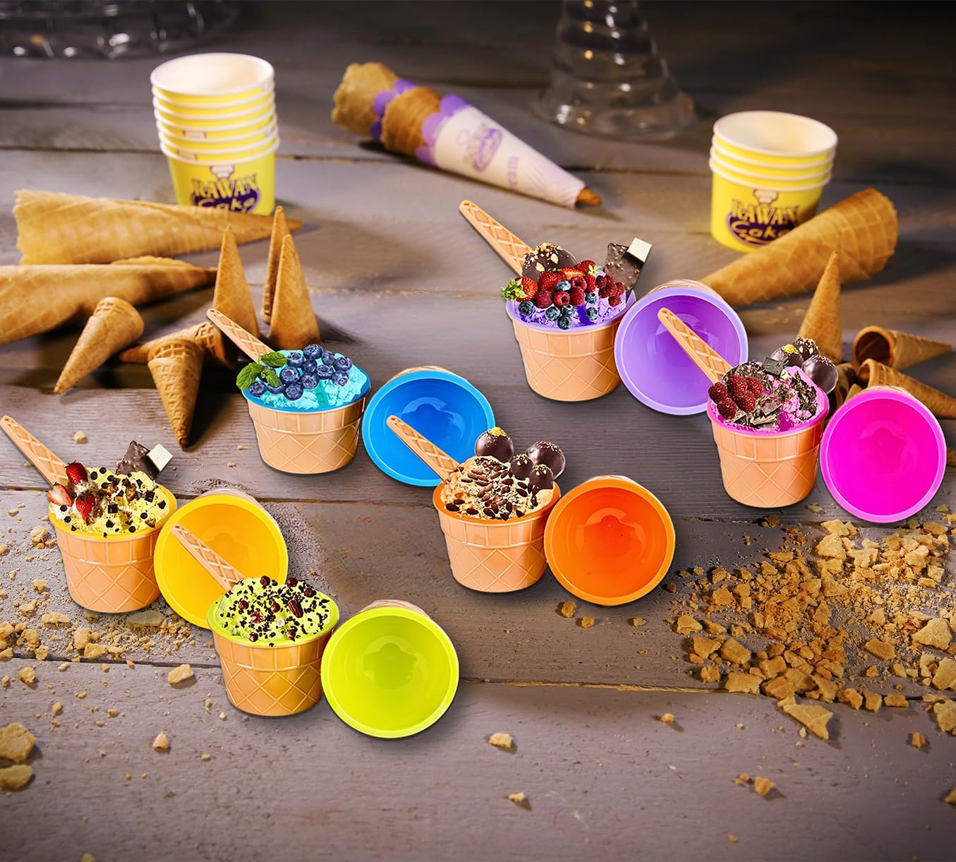 Green Direct Vasos de helado de plástico con cucharas  Tazones de postre Sundae para yogur congelado – 6