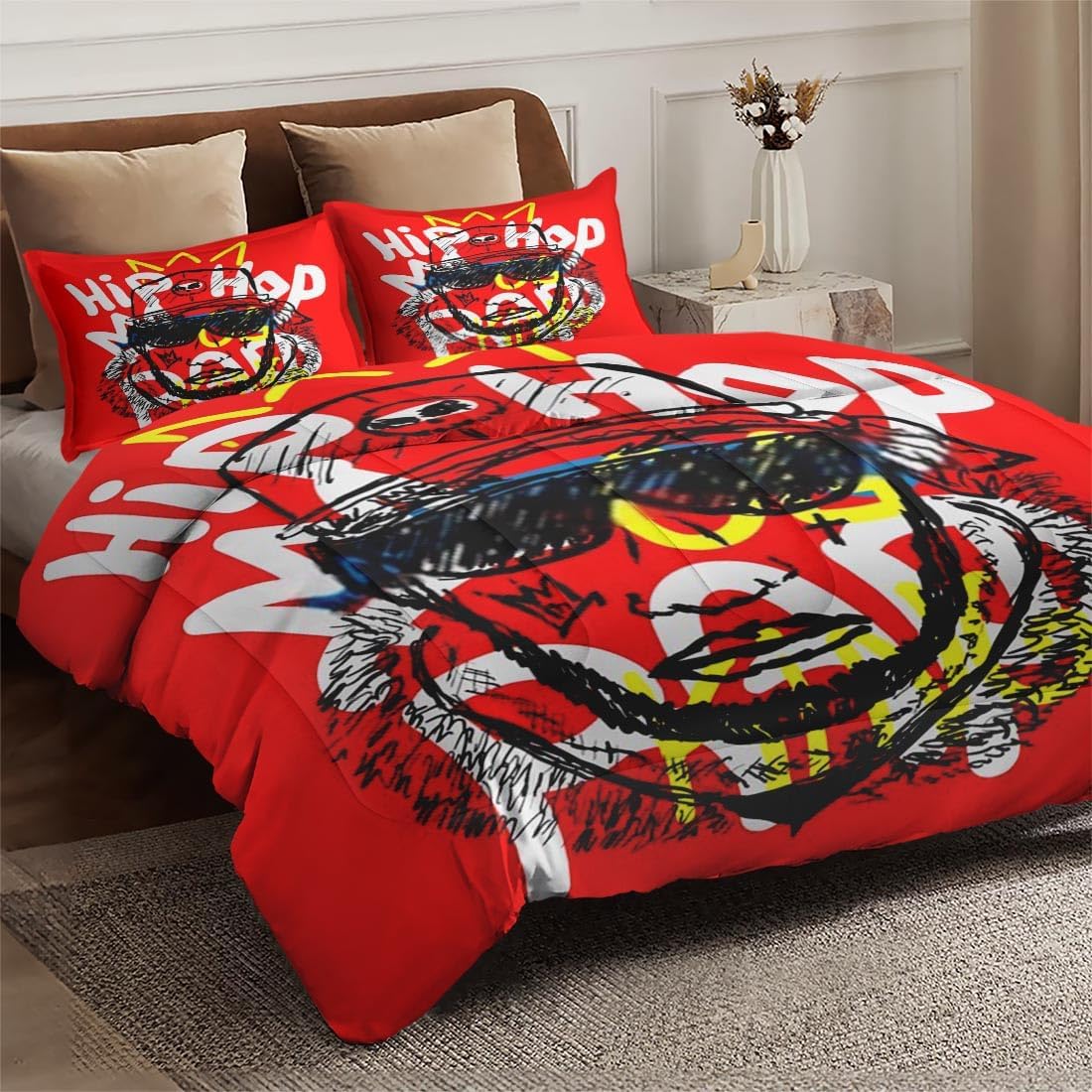 Juego de edredón tamaño Queen, juego de ropa de cama suave de béisbol con música King para niños y adultos, juego de edredón de rap con corona de