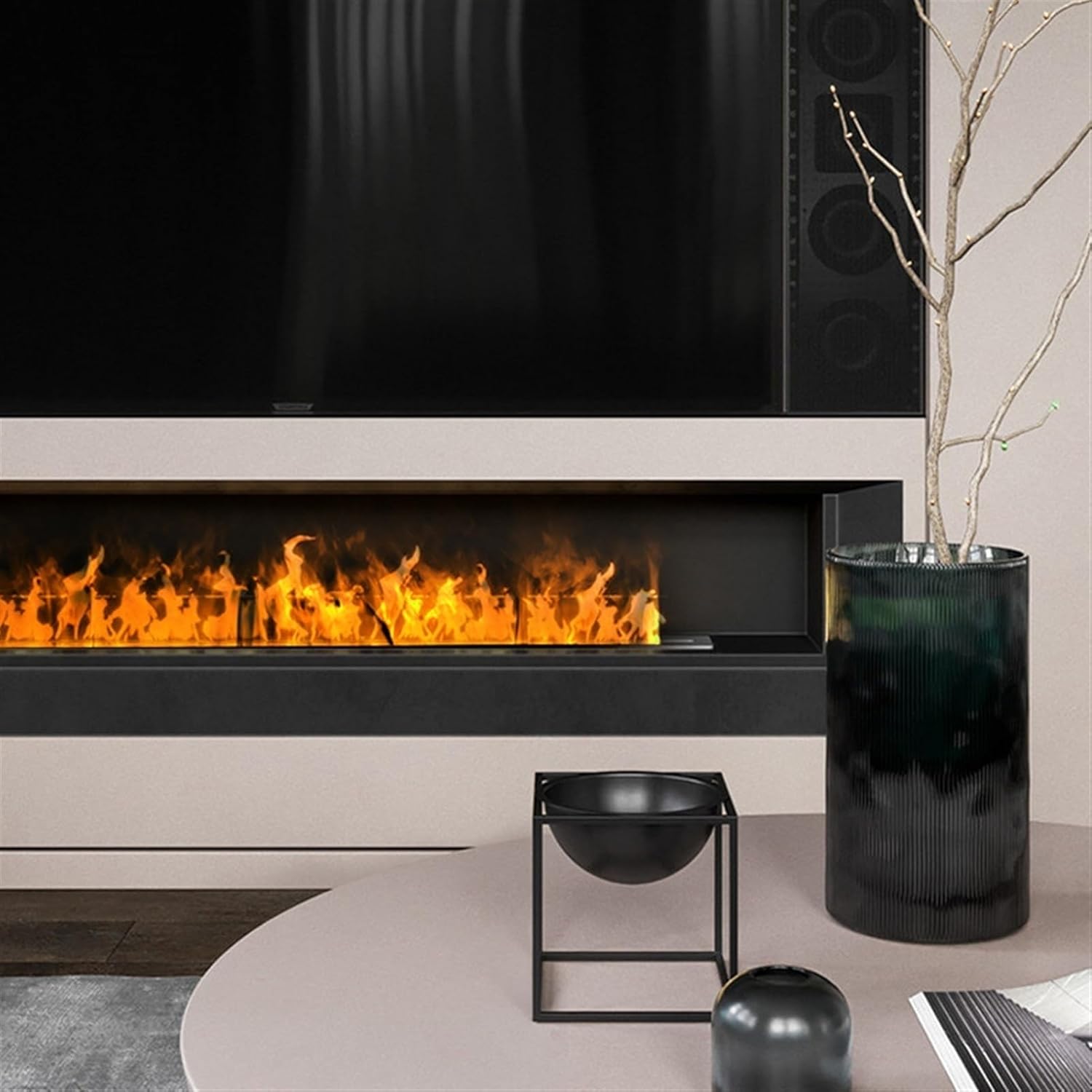 Chimenea eléctrica de vapor de agua empotrada con efecto de llama realista 3D, chimenea de vapor de acero inoxidable ultrafina, control táctil,